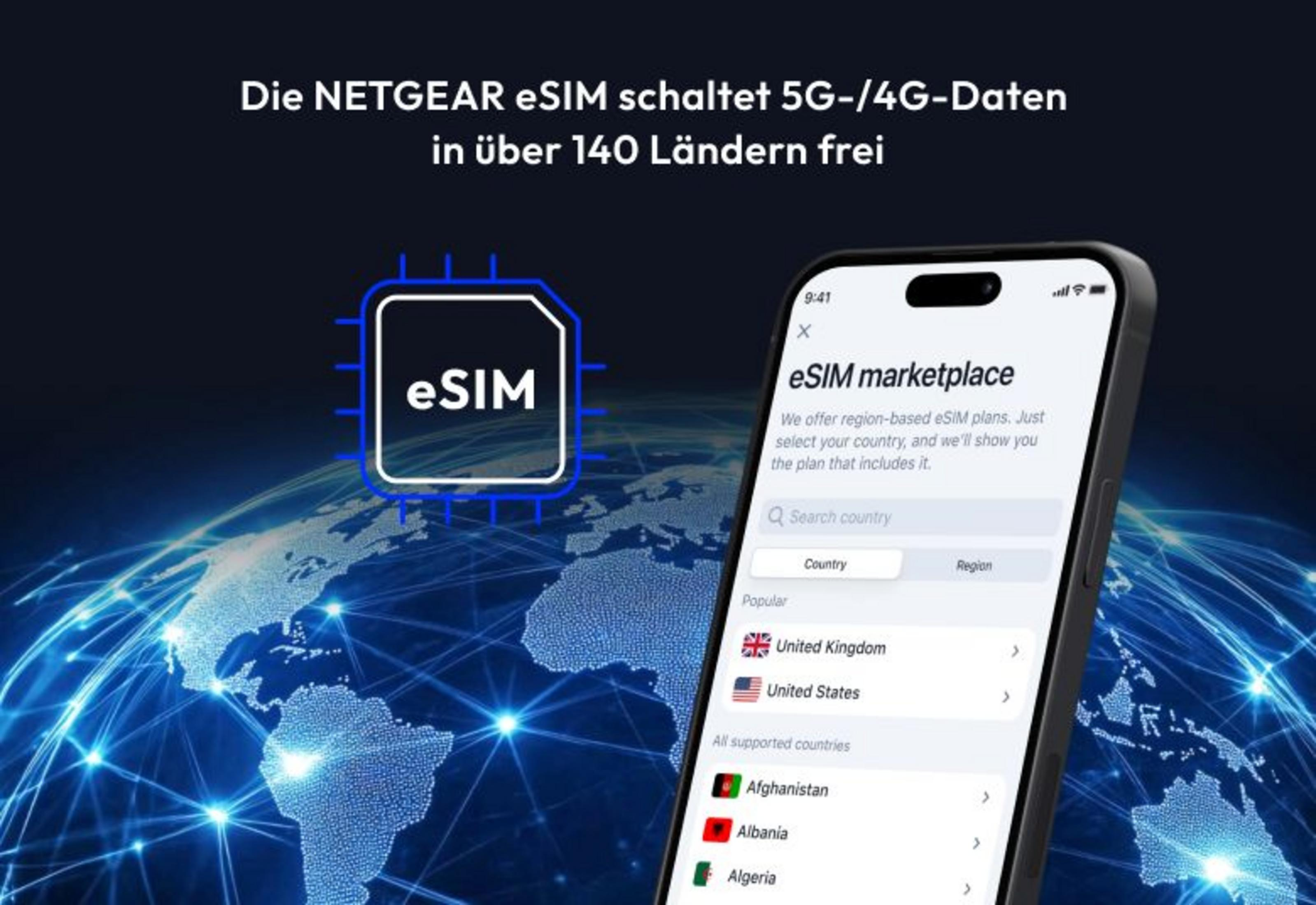 NETGEAR eSIM-Marktplatz auf einem Smartphone vor einer Weltkarte.