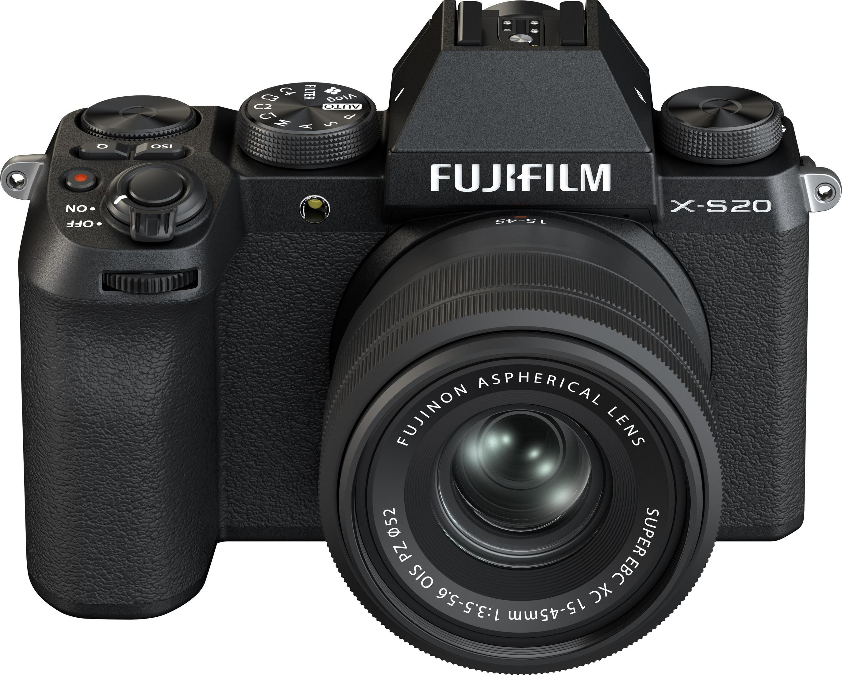 Een zwarte Fujifilm X-S20 camera met lens wordt getoond.