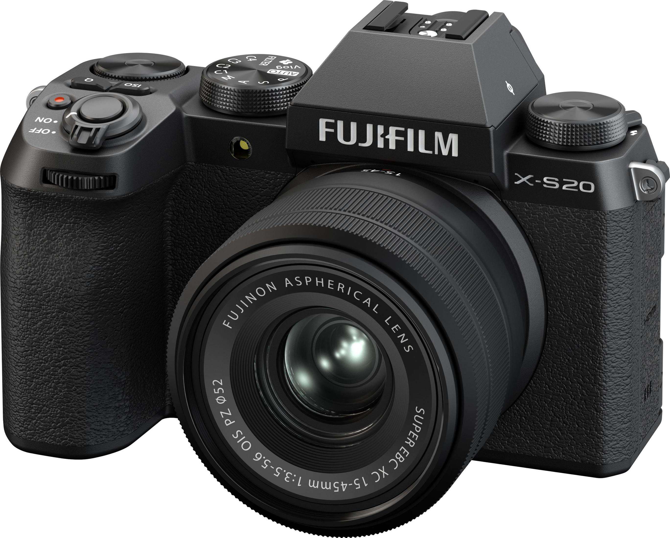 Een zwarte Fujifilm X-S20 camera met lens. De aan/uit-schakelaar zit links.