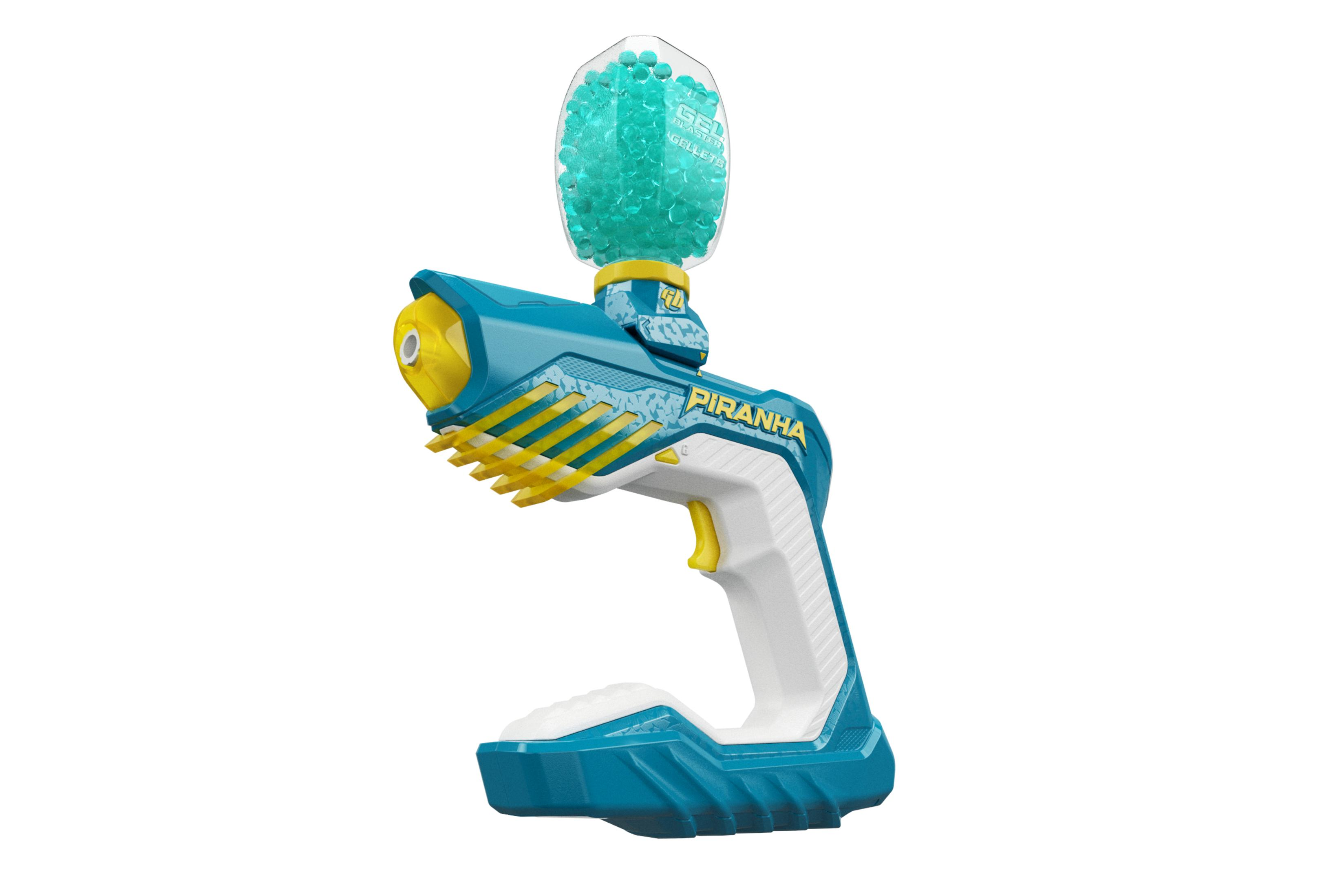 Ein blau-gelber Gel-Blaster mit transparentem Magazin voller türkisfarbener Kugeln.