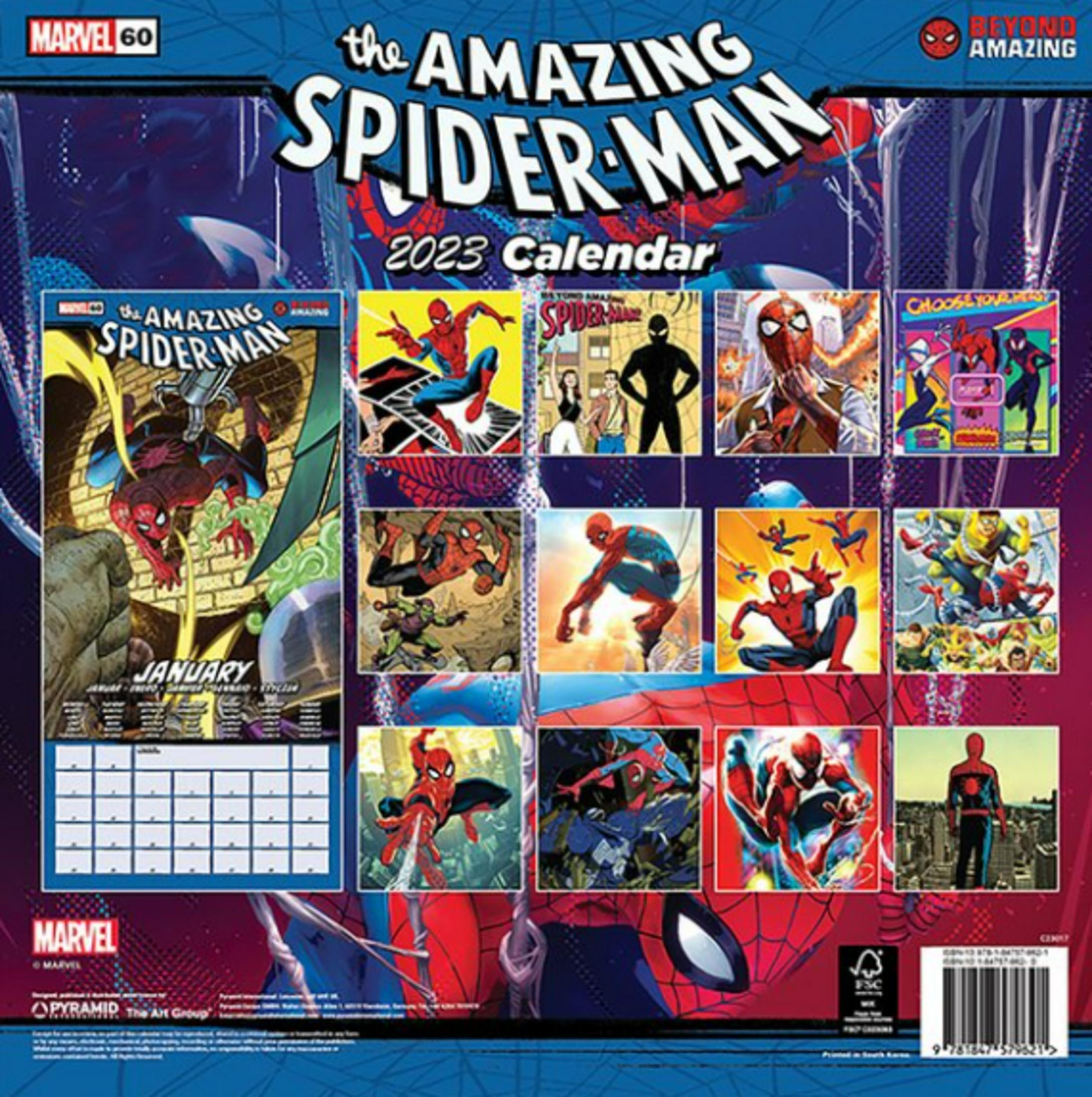 Spider-Man Kalender 2023 mit Comic-Bildern von Spider-Man und anderen Helden.