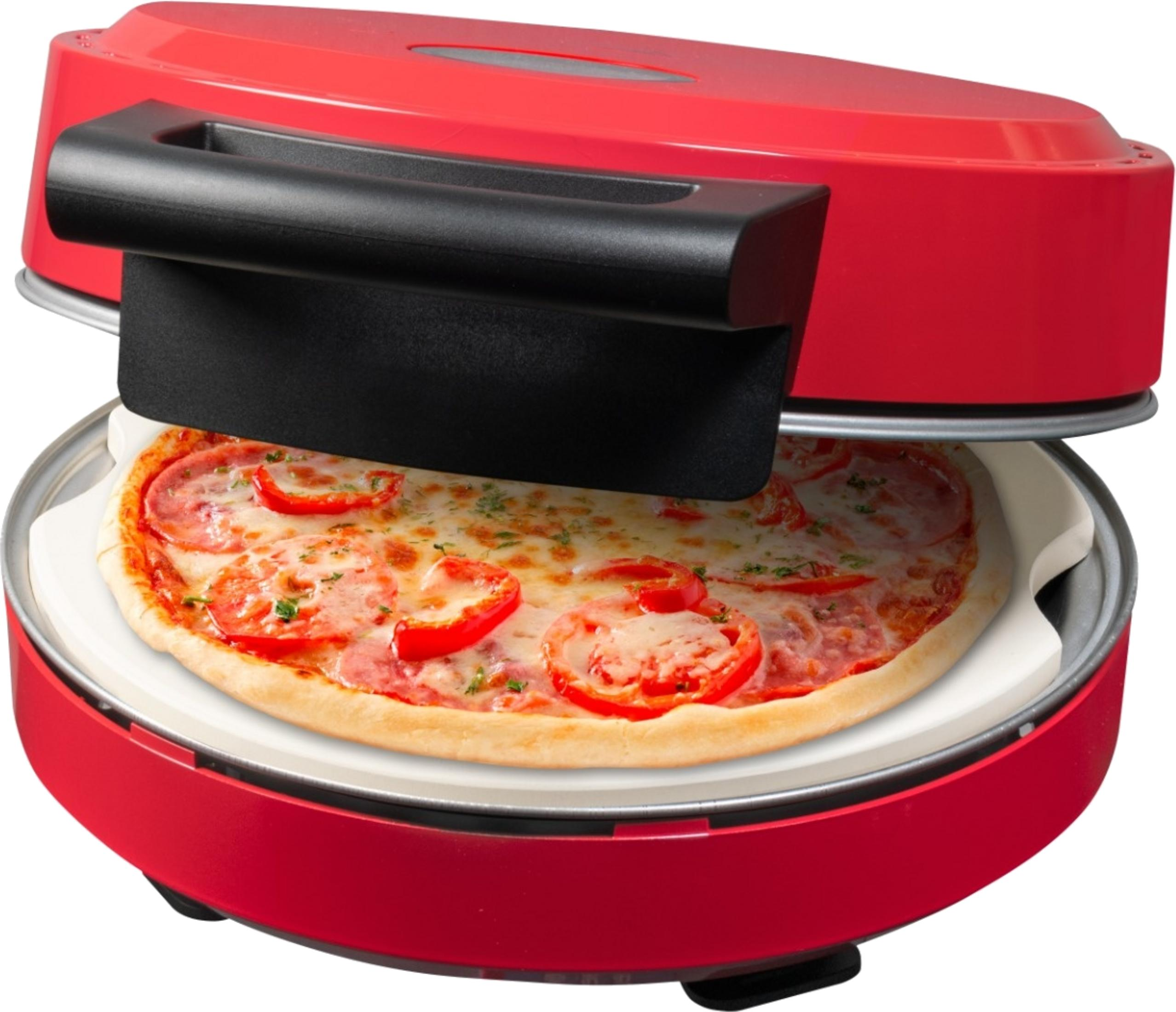 Roter Pizzaofen mit einem fertig gebackenen Margherita-Pizza darin.