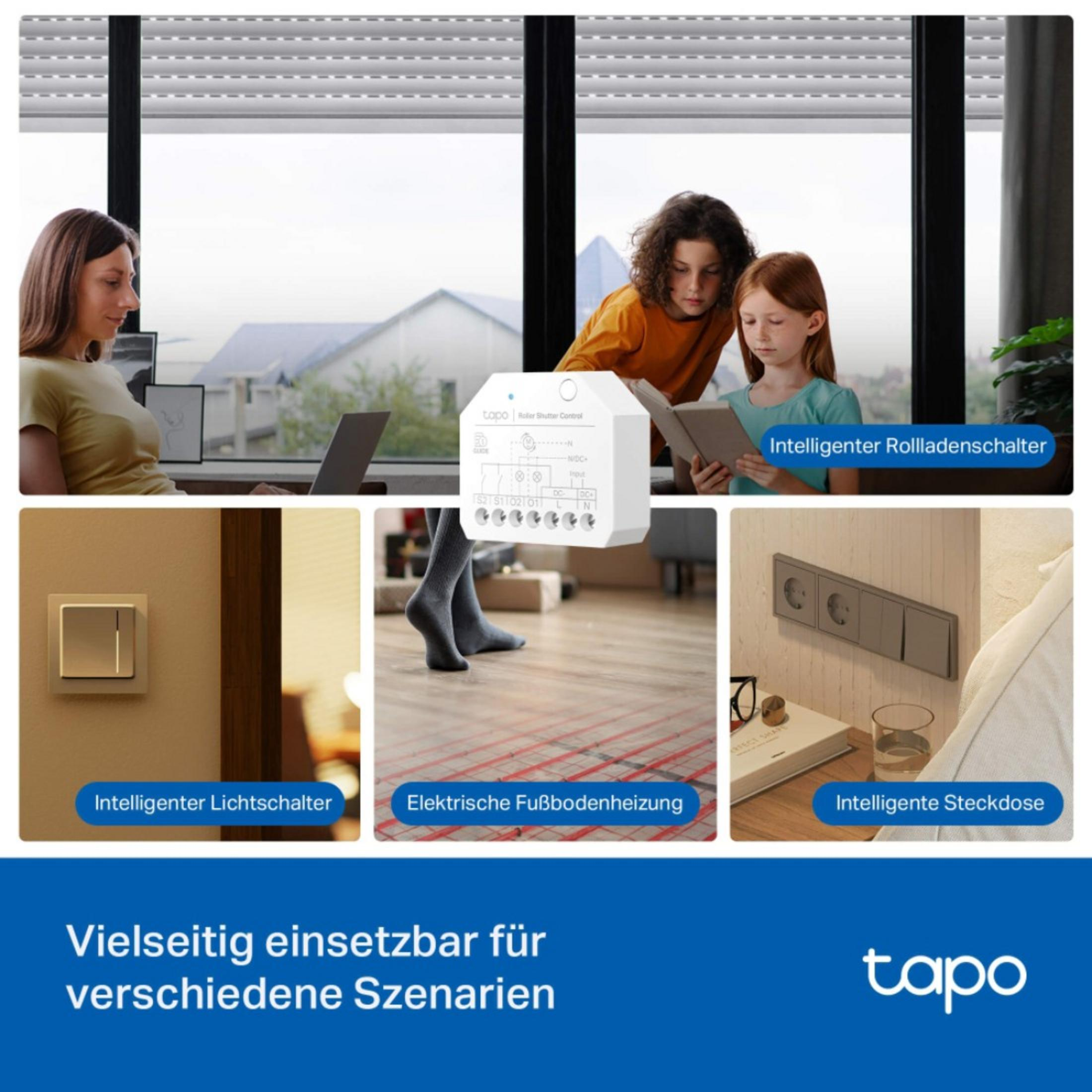 Smart-Home-Geräte: Rollladensteuerung, Lichtschalter, Fußbodenheizung, Steckdose.