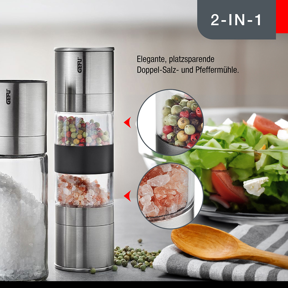 Edle 2-in-1 Salz- und Pfeffermühle mit Gewürzen und Salat.