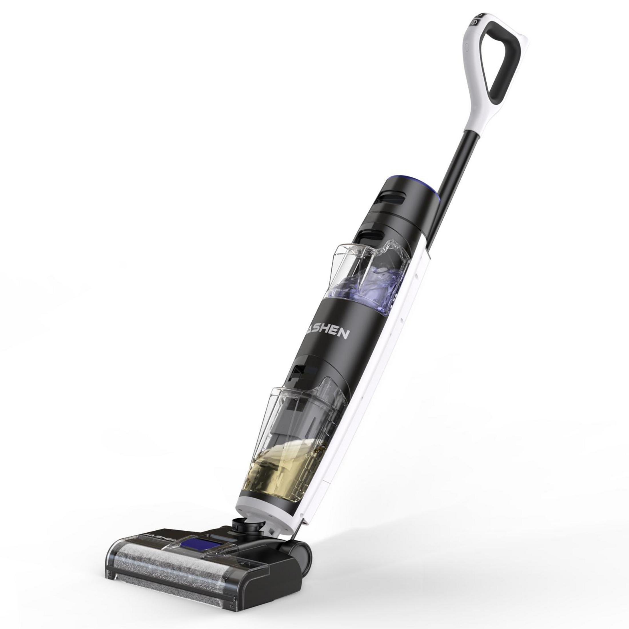 Un pulitore per pavimenti bianco e nero con serbatoi trasparenti per liquidi.