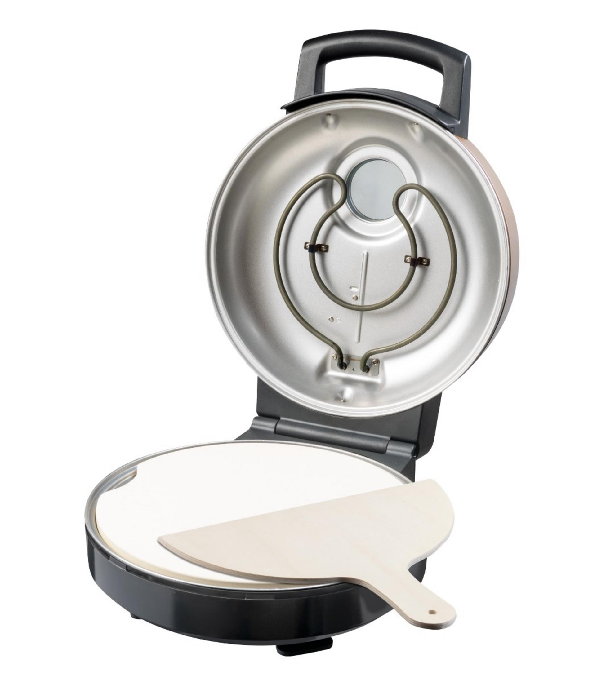 Pizza maker aperto con resistenza e pietra. Una pala di legno vi è appoggiata.