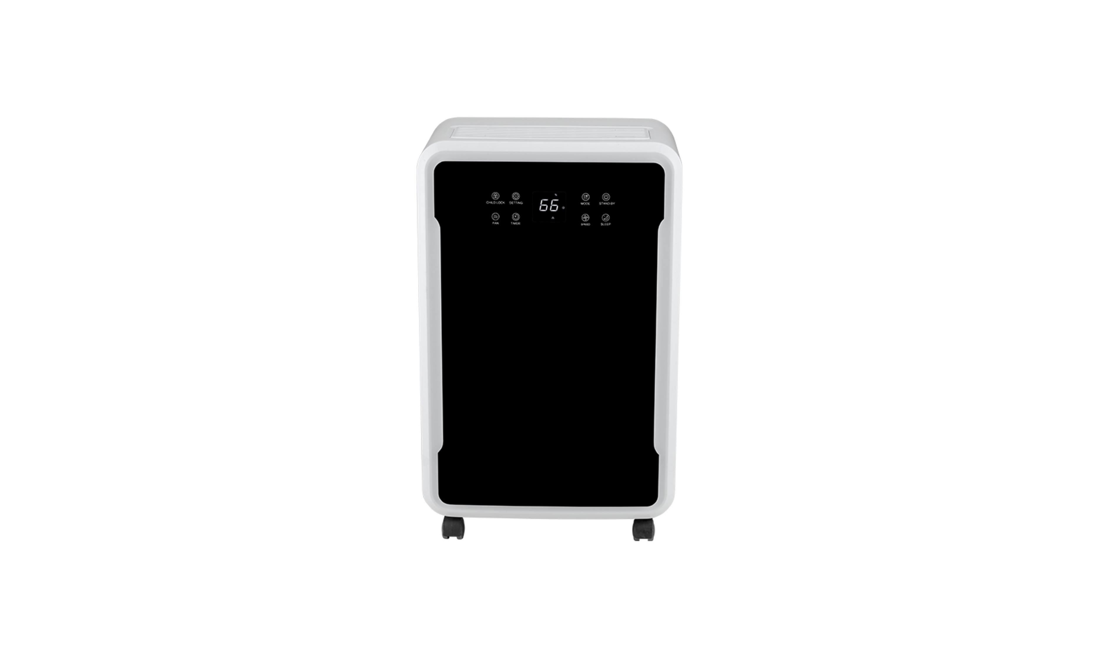 Un purificatore d'aria bianco con pannello di controllo nero e ruote.