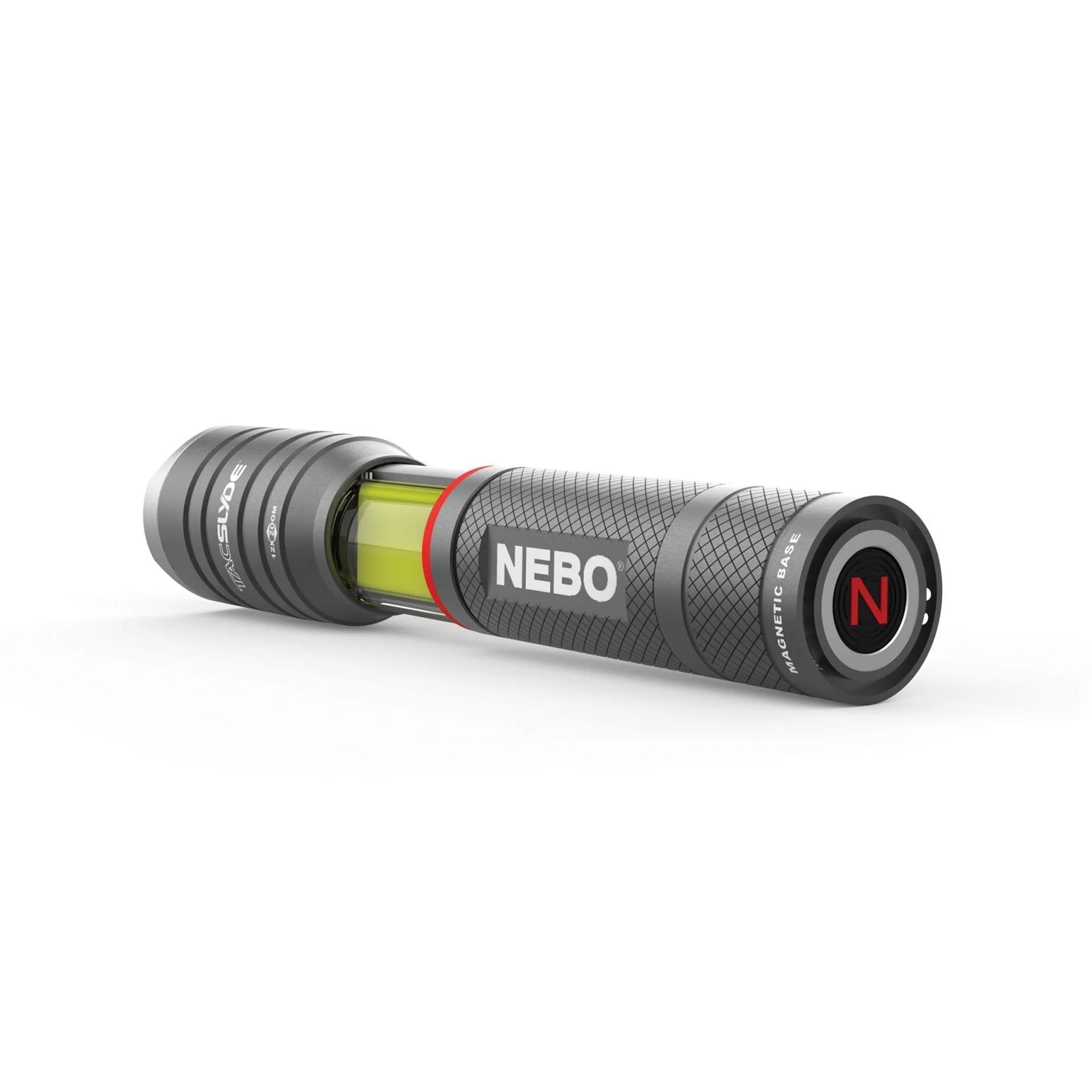Una torcia tattica NEBO grigia con base magnetica e luce gialla.