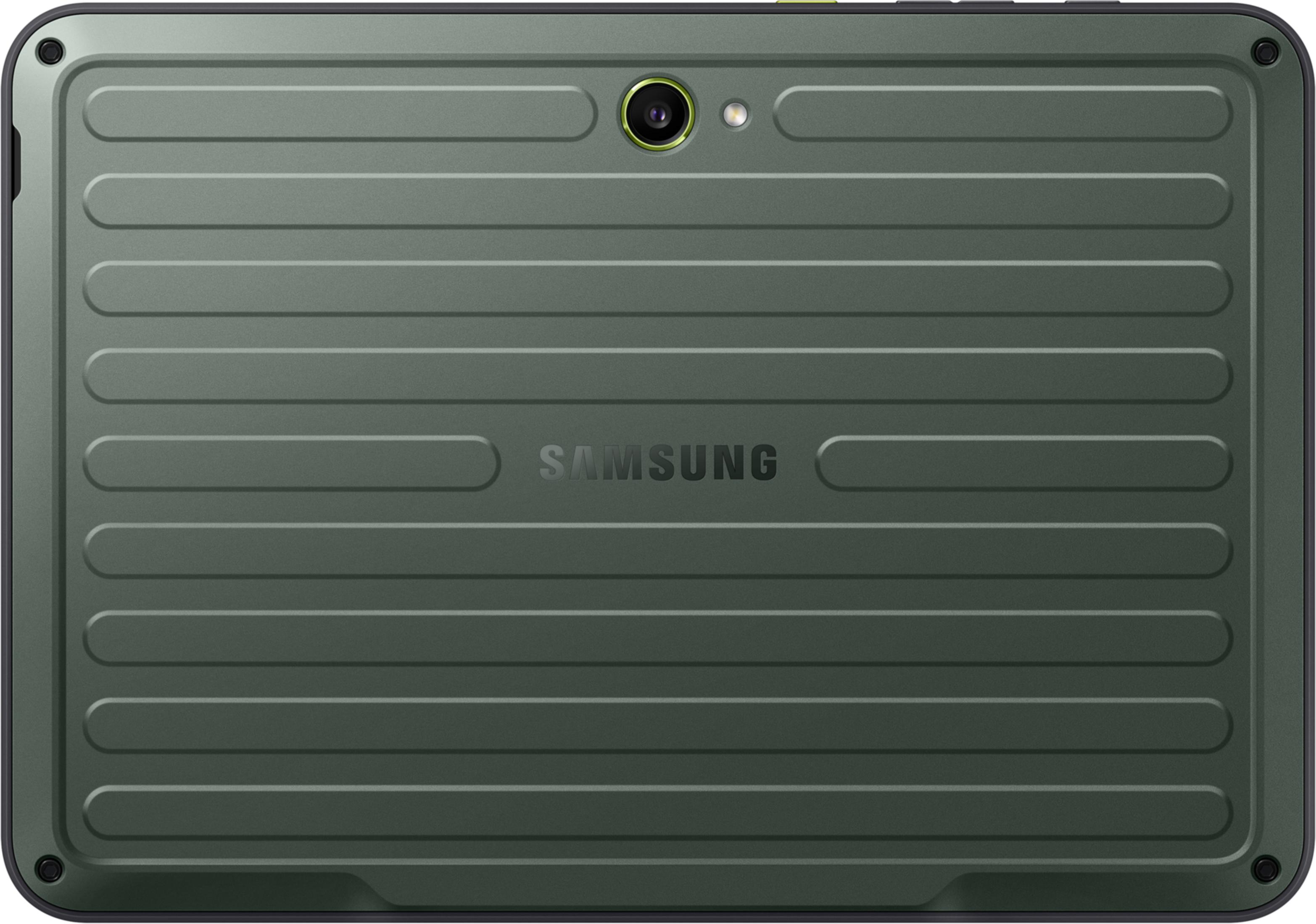 Tył zielonego tabletu Samsung z poziomymi żłobieniami i aparatem.