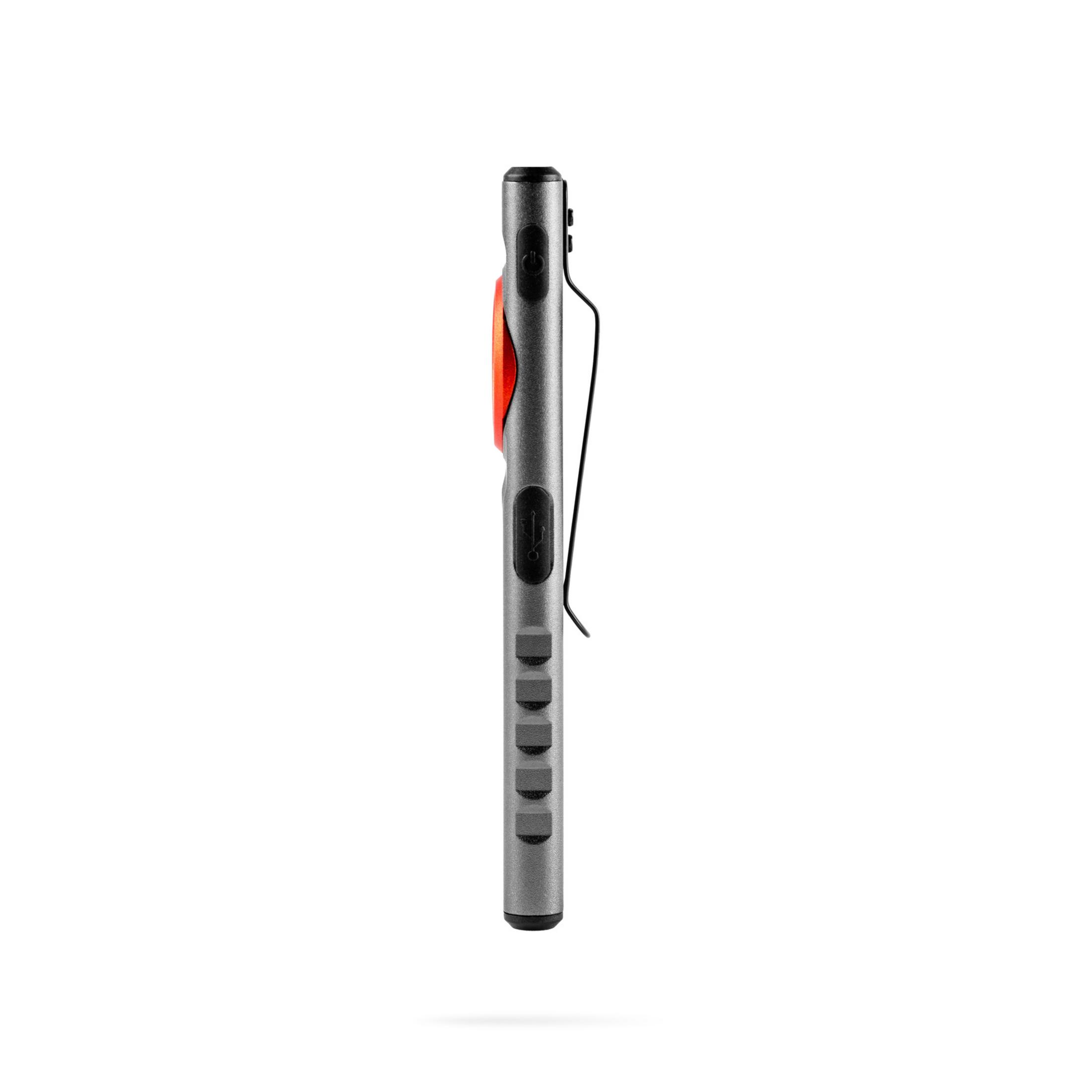 Penna grigia con pulsante rosso e porta USB, con clip.