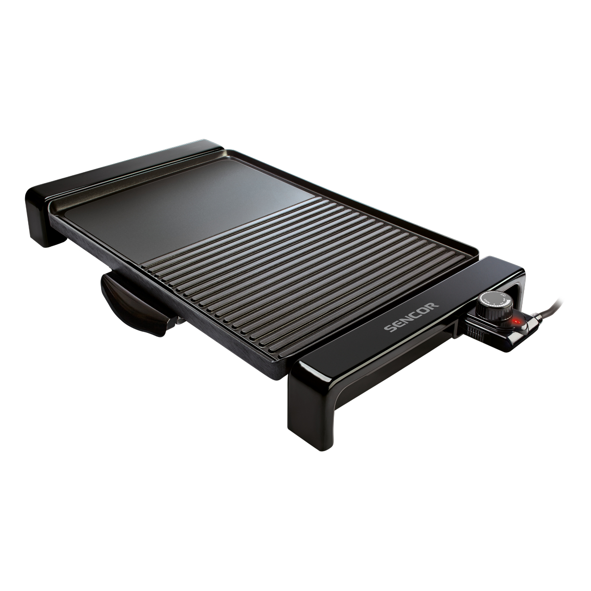 Schwarzer elektrischer Tischgrill mit gerippter und glatter Fläche.