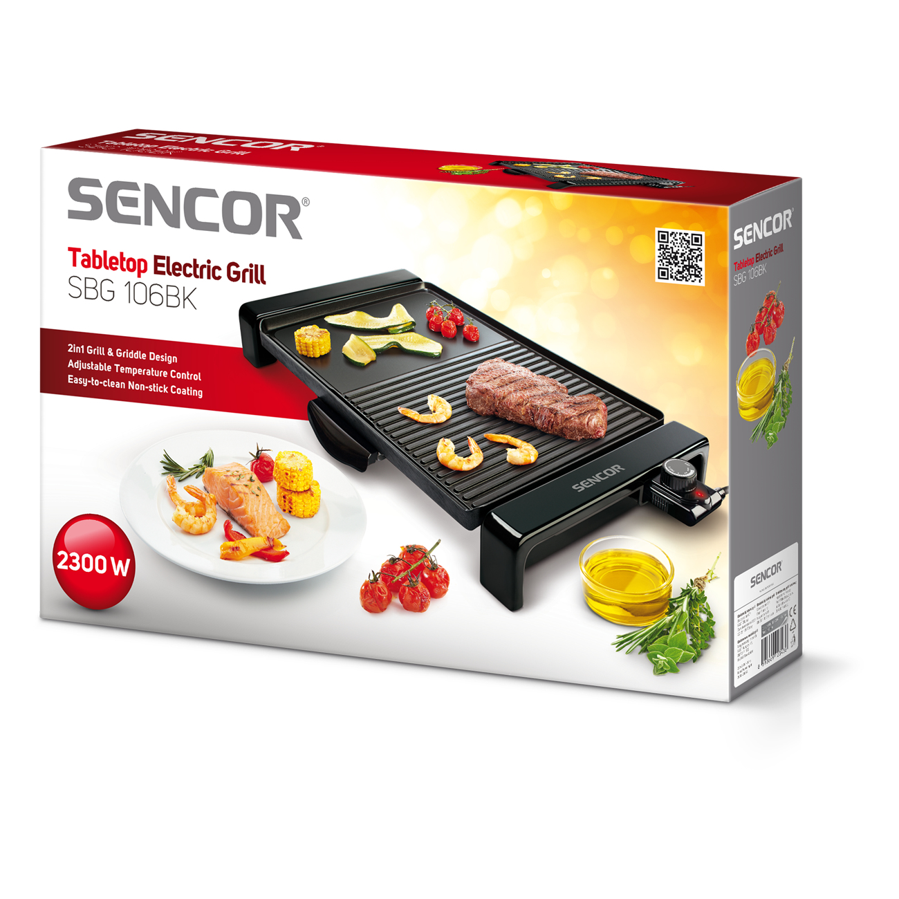 Sencor Tischgrill SBG 106BK mit Steak, Garnelen, Lachs und Gemüse.