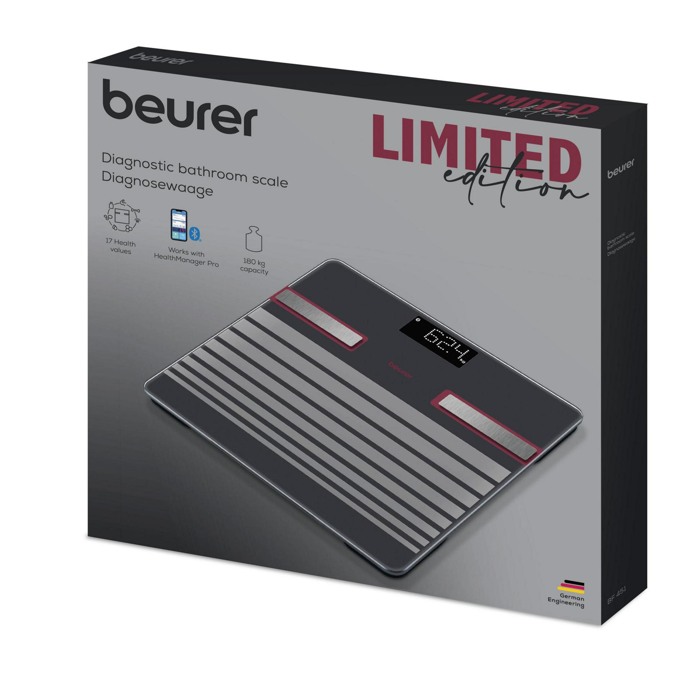 Balance de salle de bain diagnostic Beurer avec surface métallique et écran numérique, édition limitée.