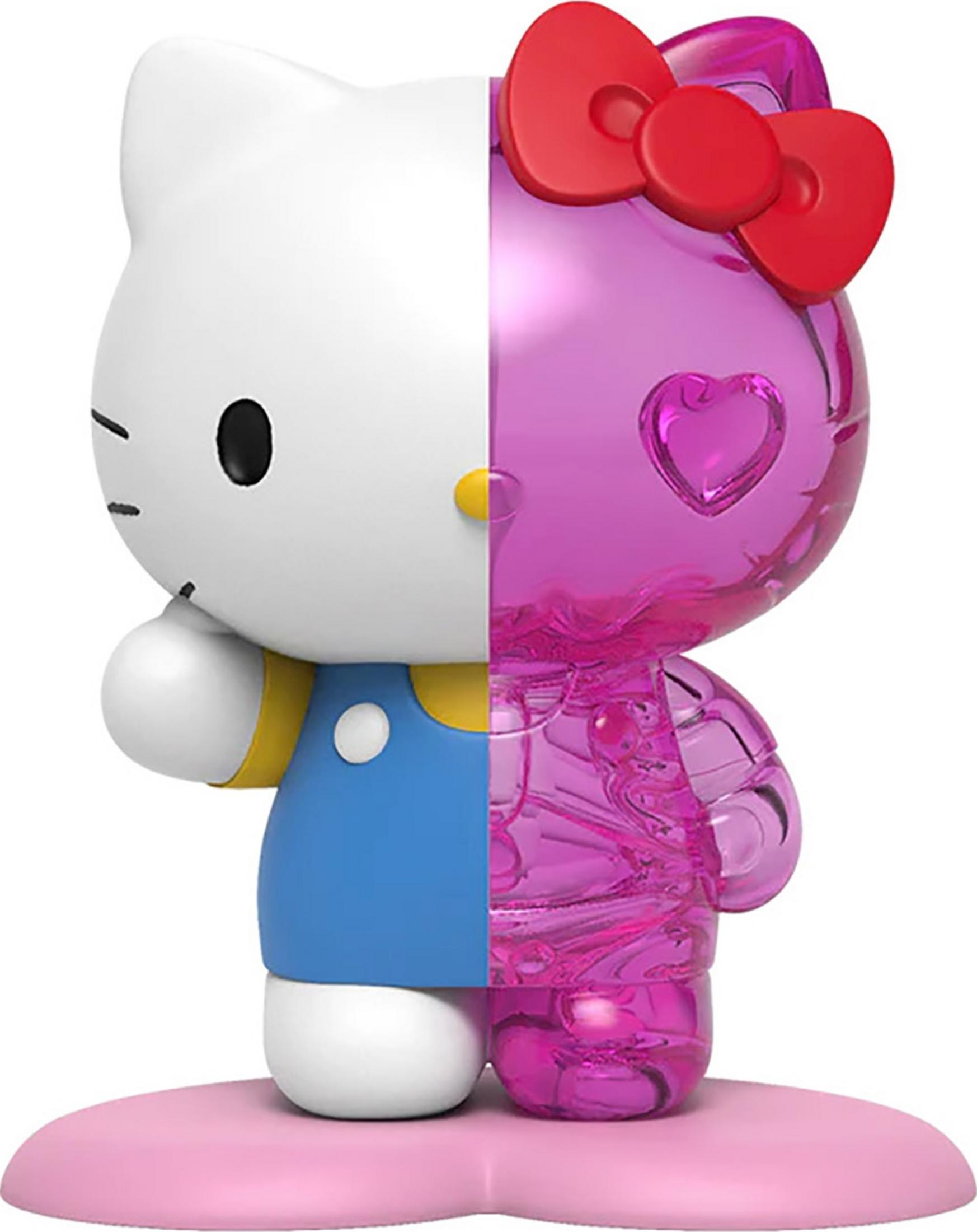 Hello Kitty Figur, halb weiß, halb pink glänzend, mit roter Schleife.