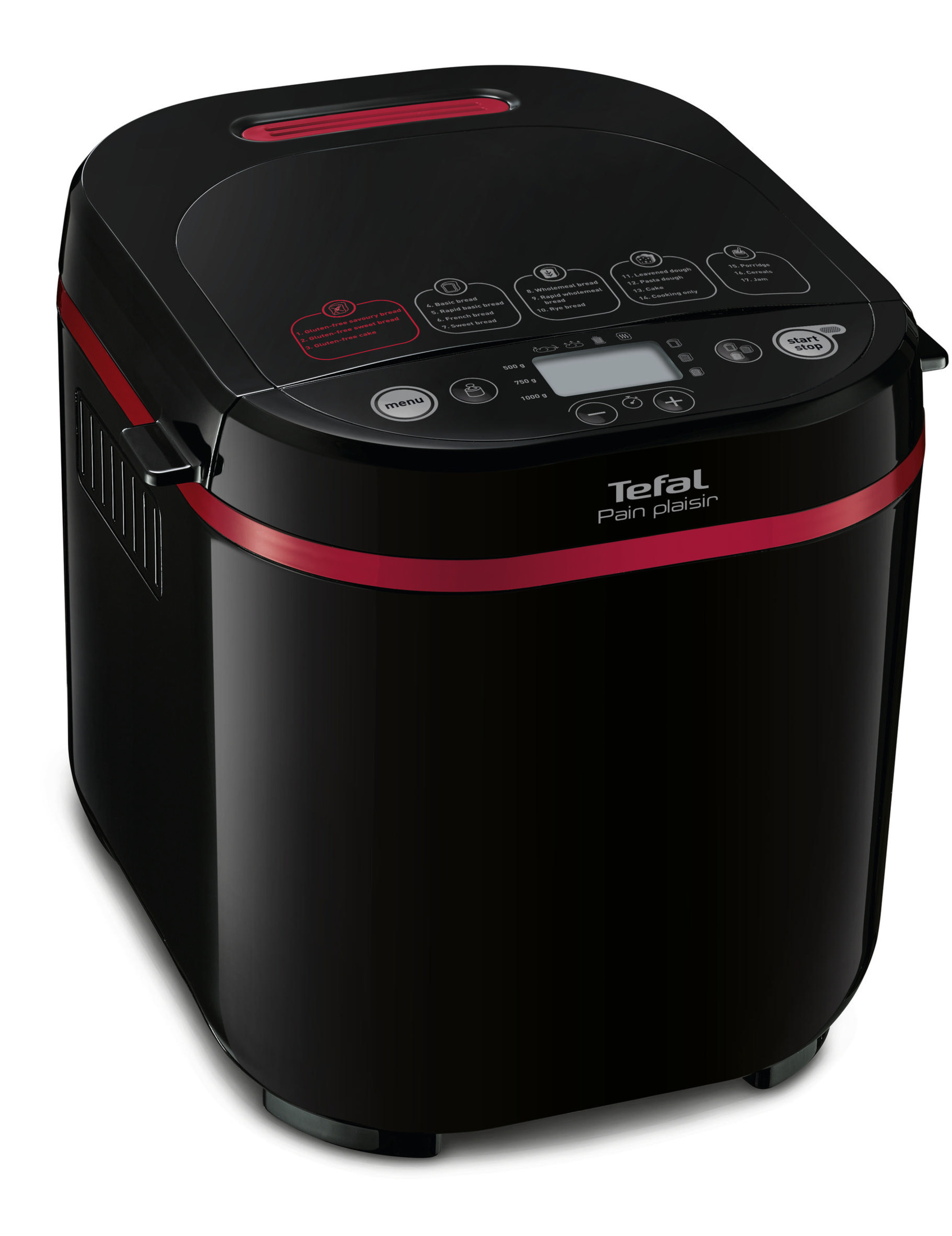 Schwarzer Tefal Brotbackautomat mit rotem Akzent und Bedienfeld.