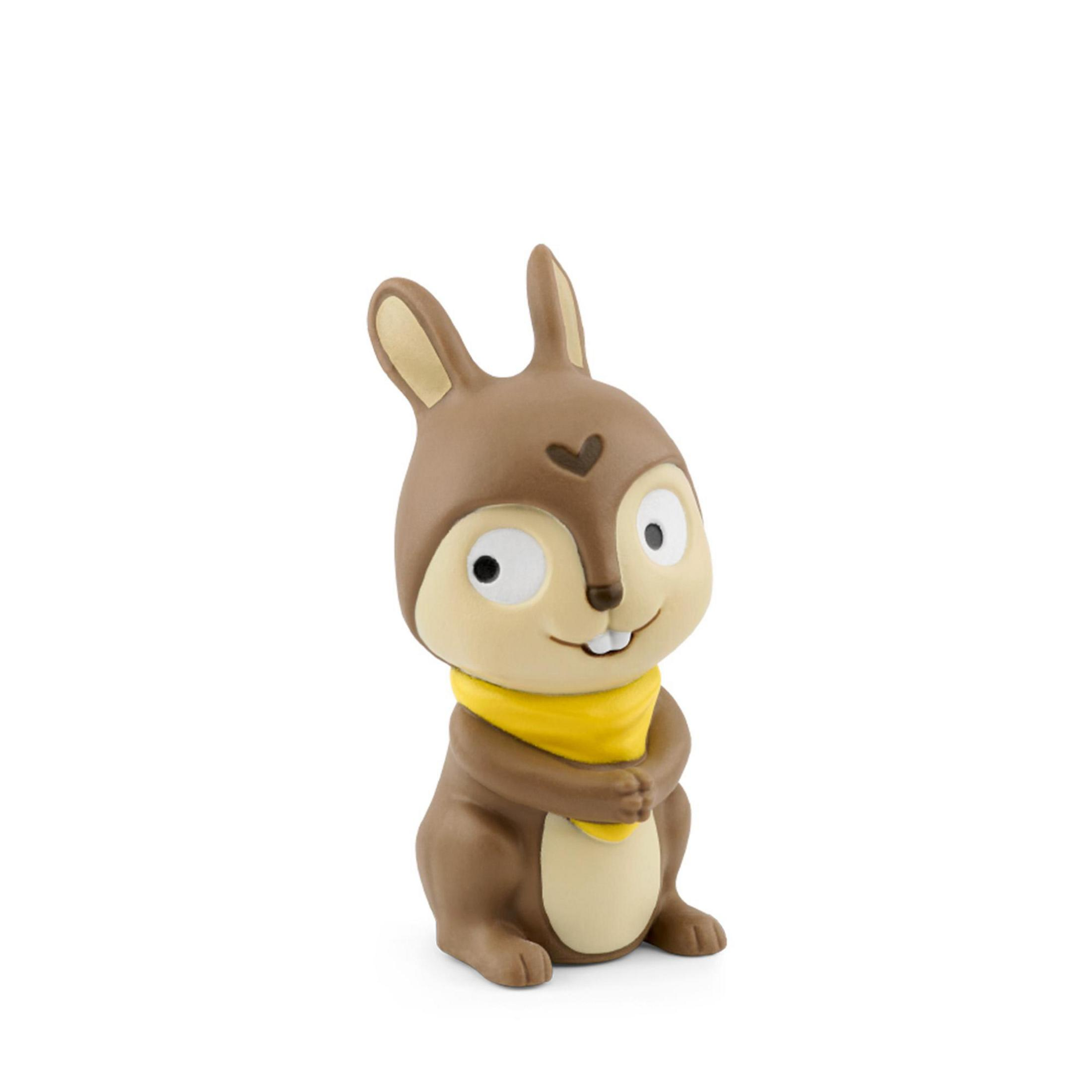 Braune Vinylfigur eines Eichhörnchens mit gelbem Schal und Herz auf der Stirn.