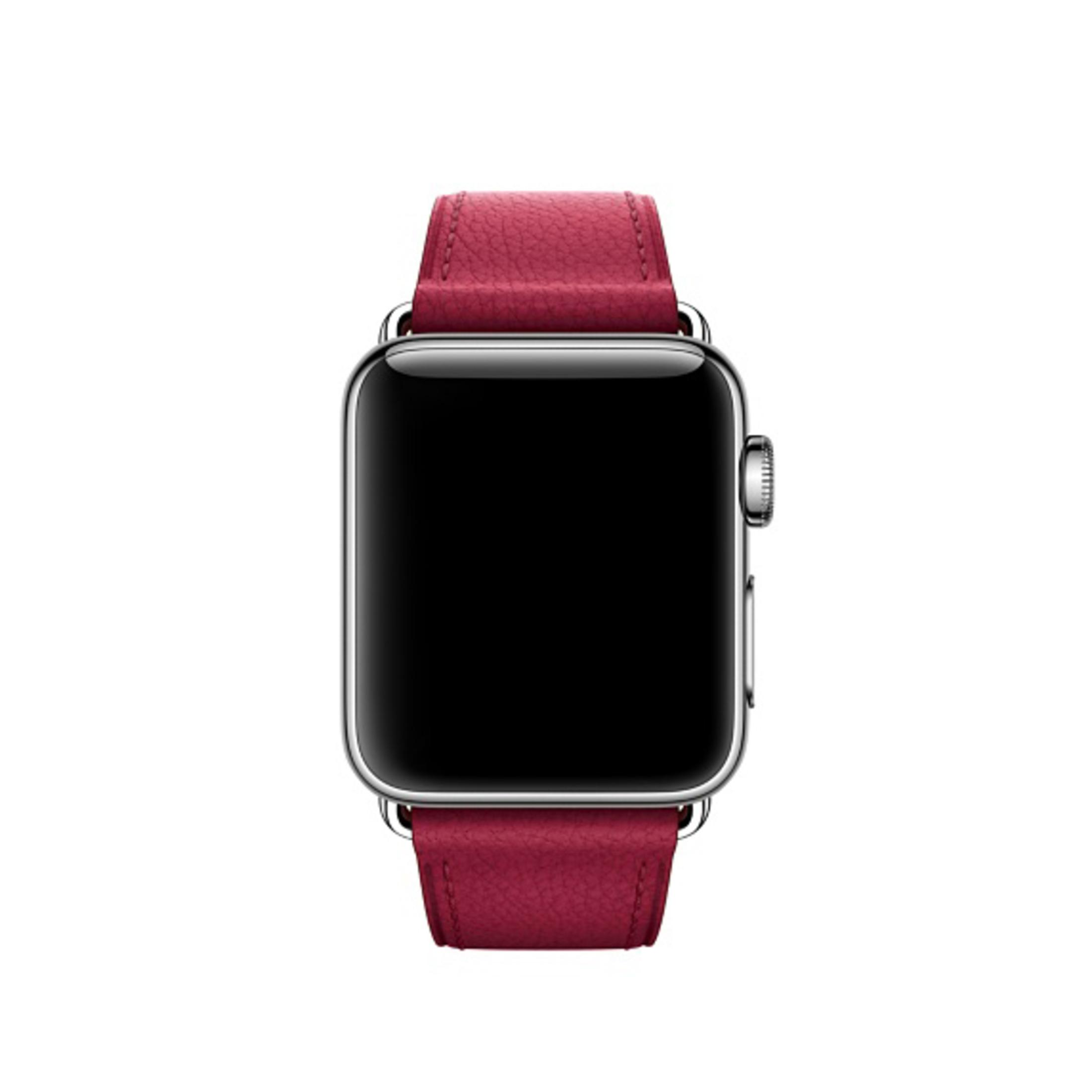 Cyfrowy smartwatch ze srebrną obudową i czerwonym skórzanym paskiem.