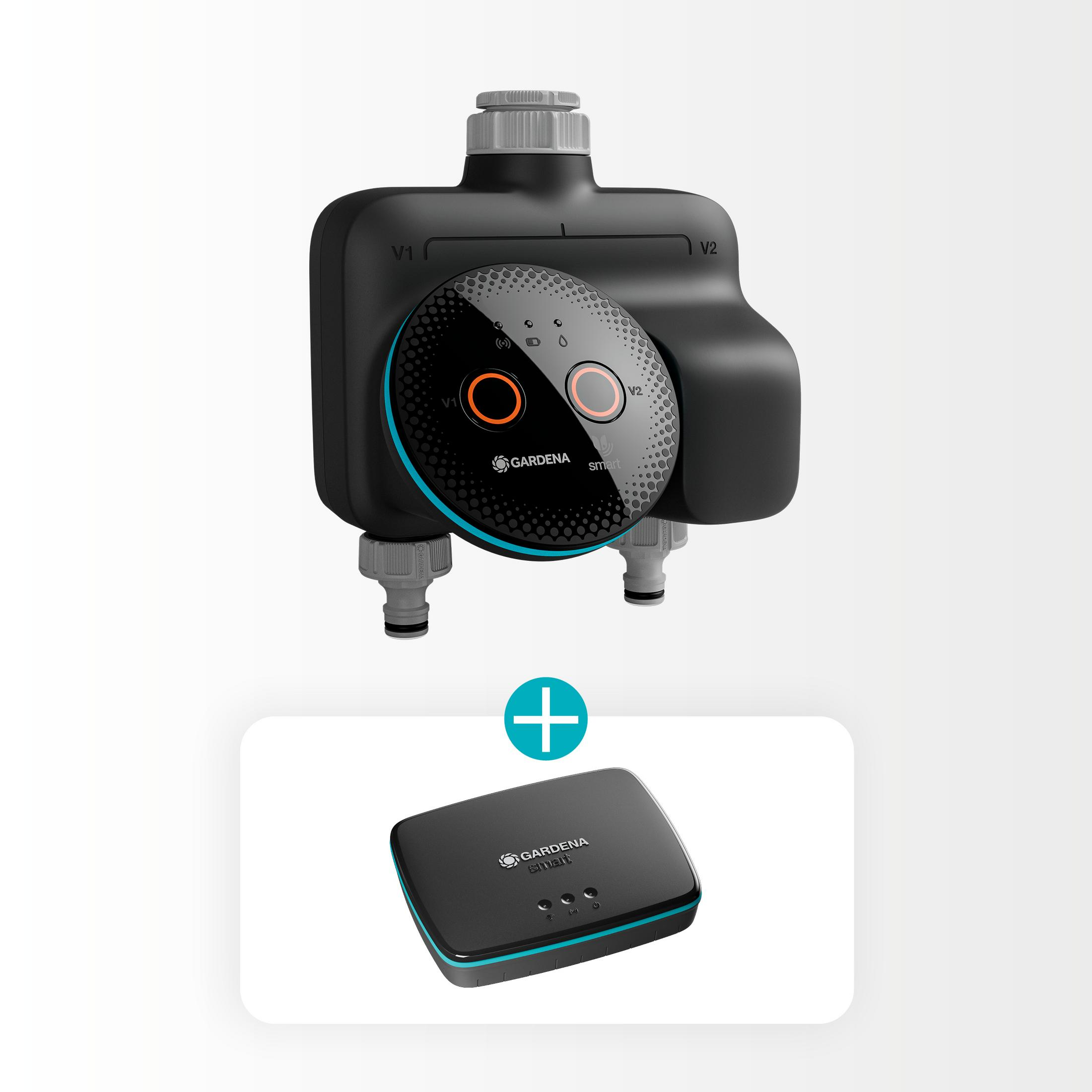 Computer idrico nero e gateway con logo Gardena Smart.