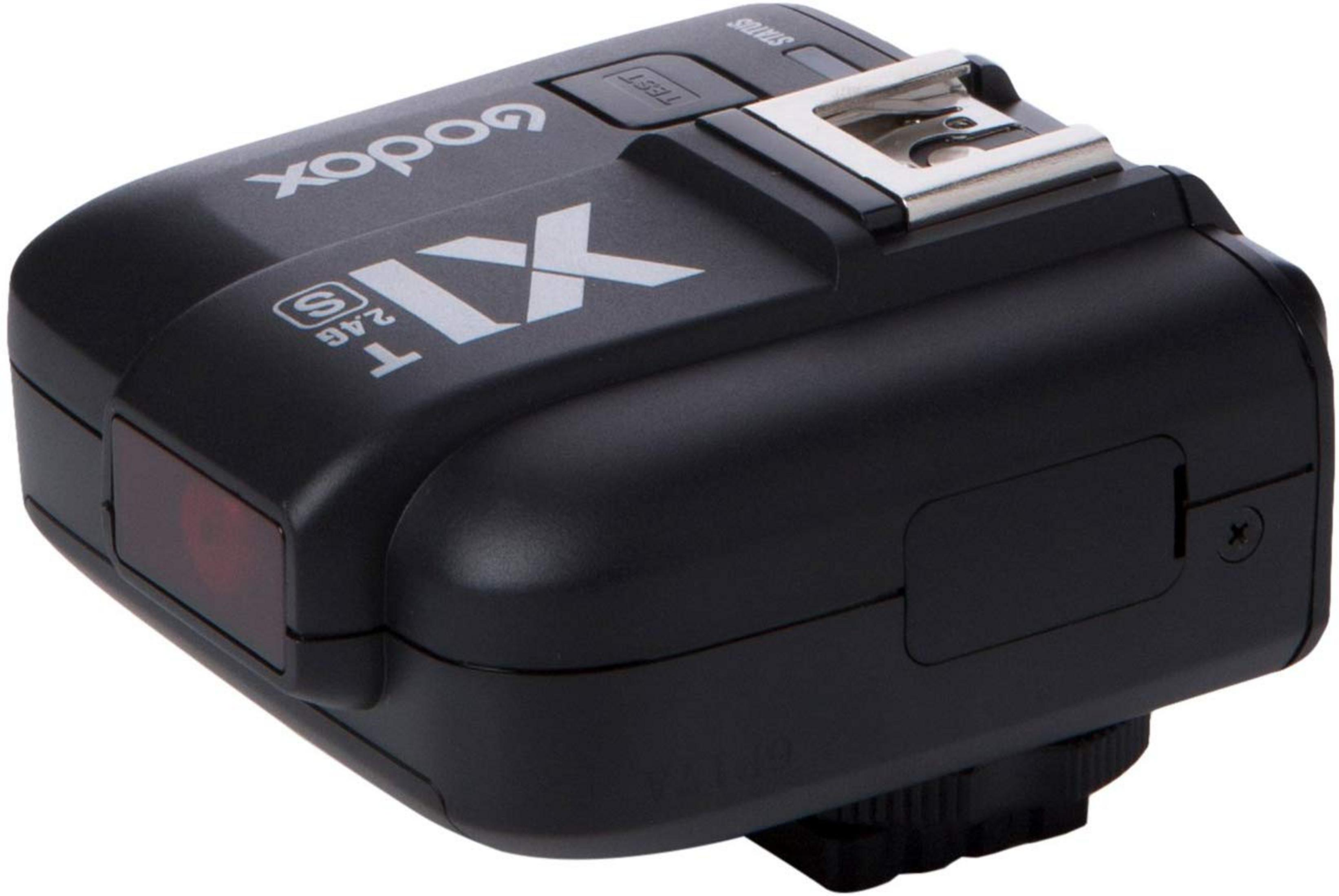Schwarzes Godox X1T 2.4G Blitzlicht-Empfängermodul mit Metallschuh und rotem Linsenelement.
