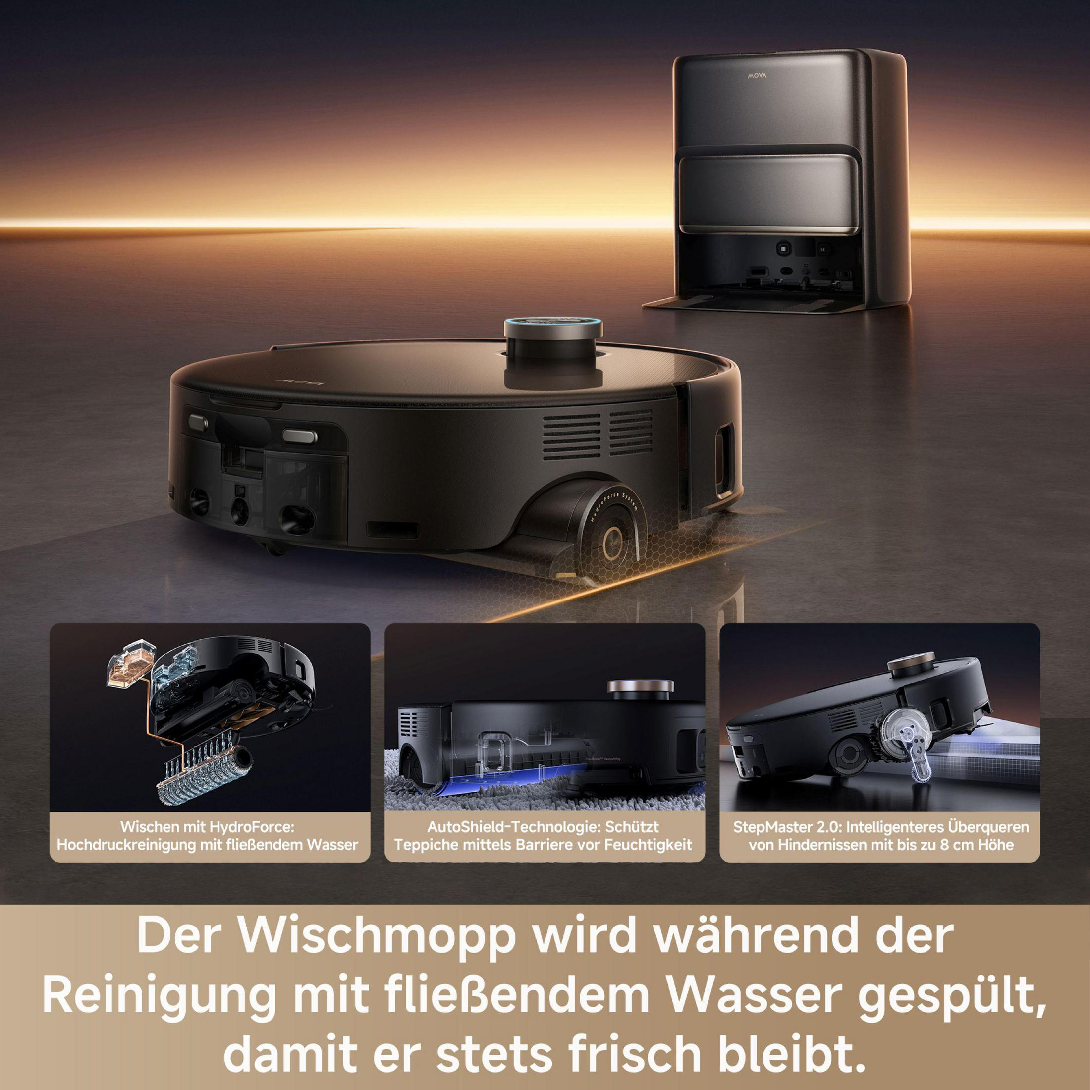 Robot aspirapolvere nero con docking station e tre viste di dettaglio.