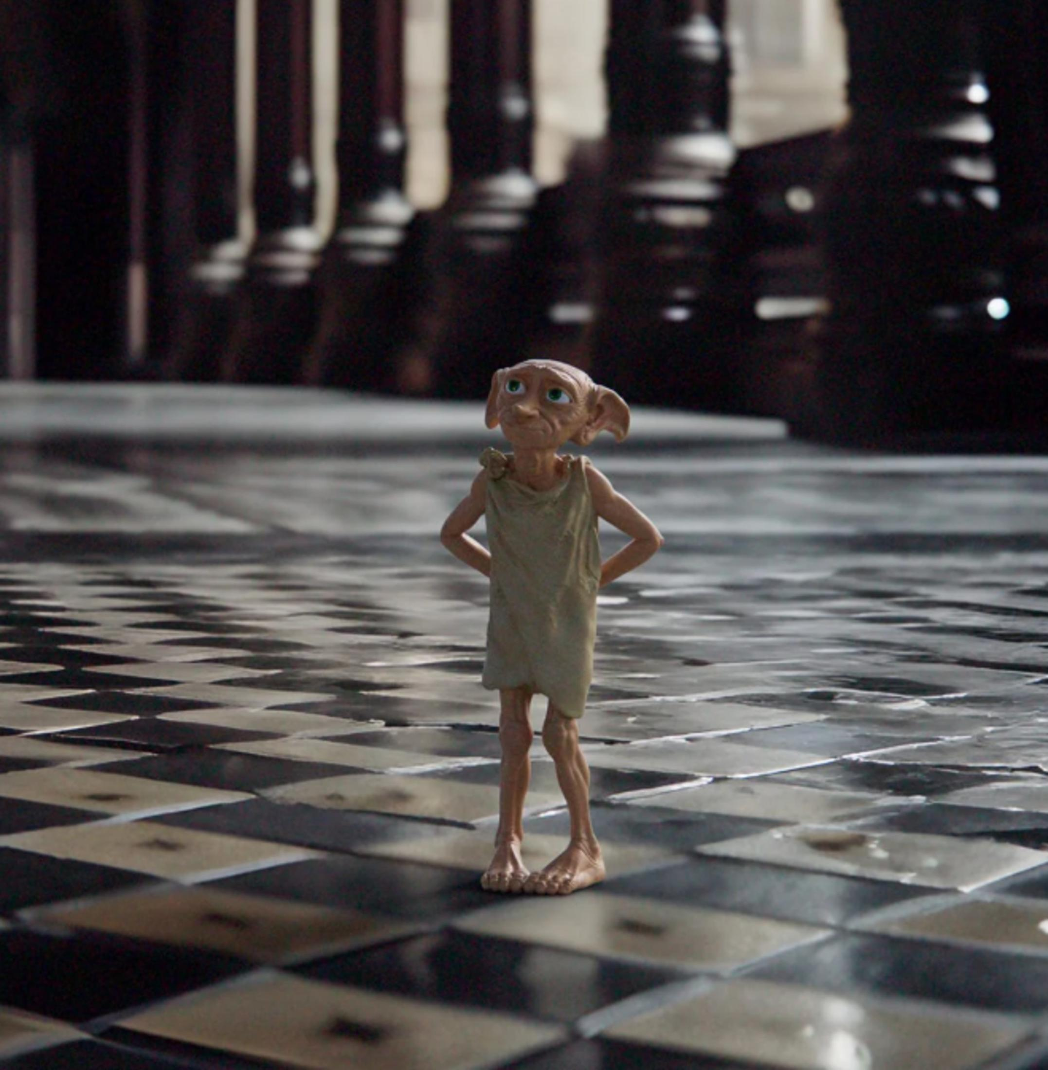 Dobby steht auf einem schwarz-weißen karierten Boden in einem dunklen Raum.