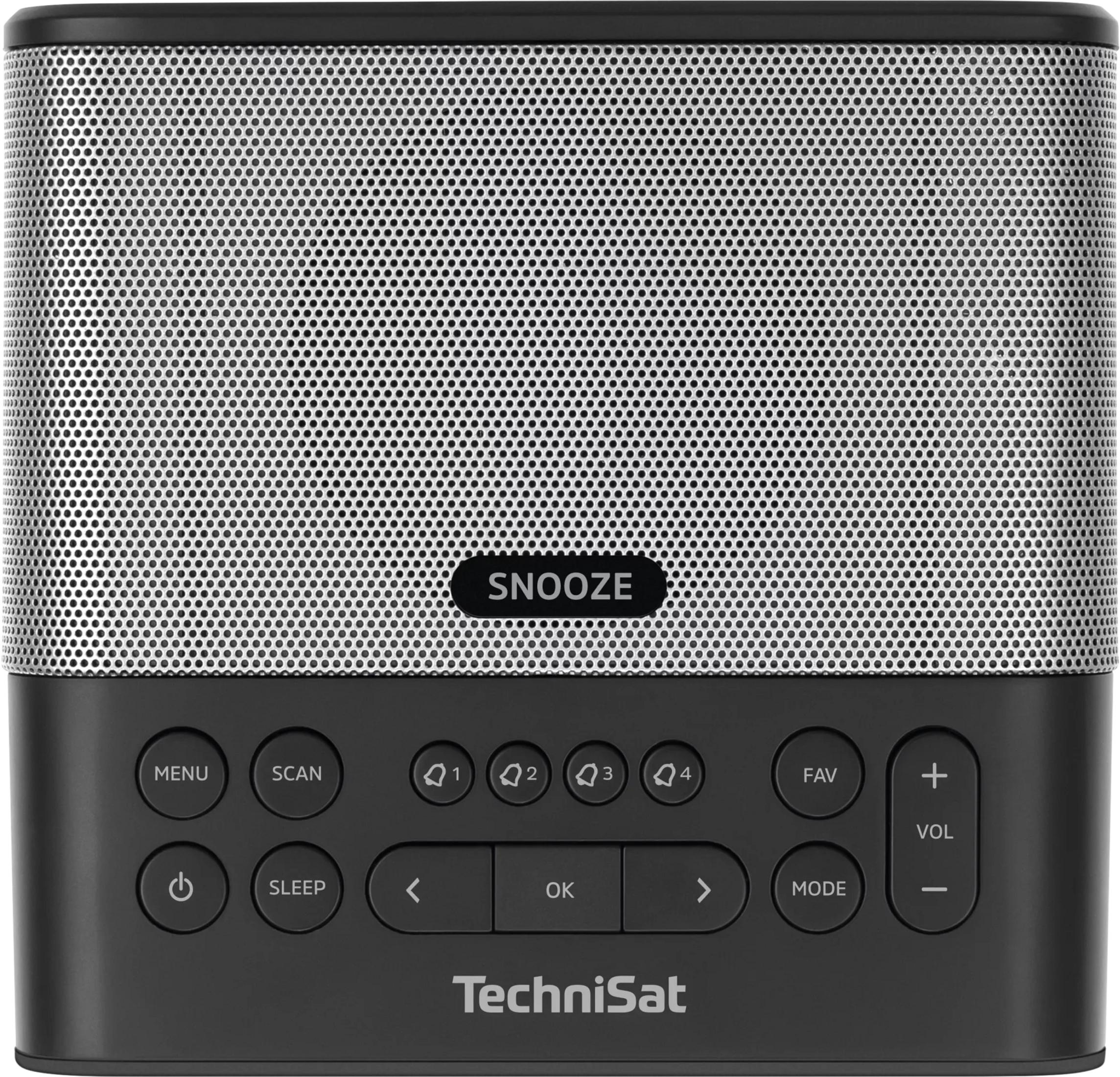Ein schwarzer Radiowecker mit silbernem Lautsprechergrill und Bedienelementen.