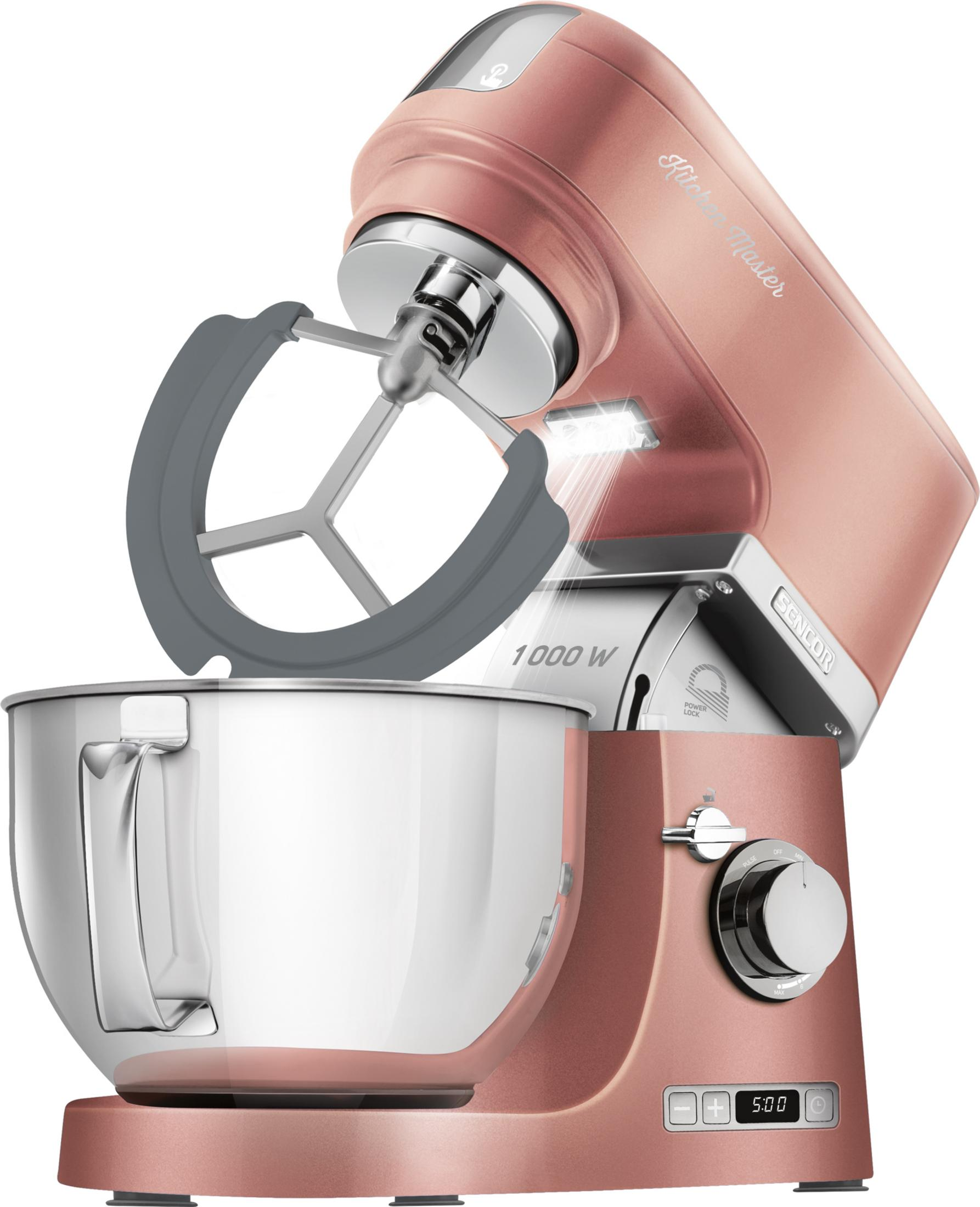 Impastatrice rosa con ciotola in acciaio inox e frusta.