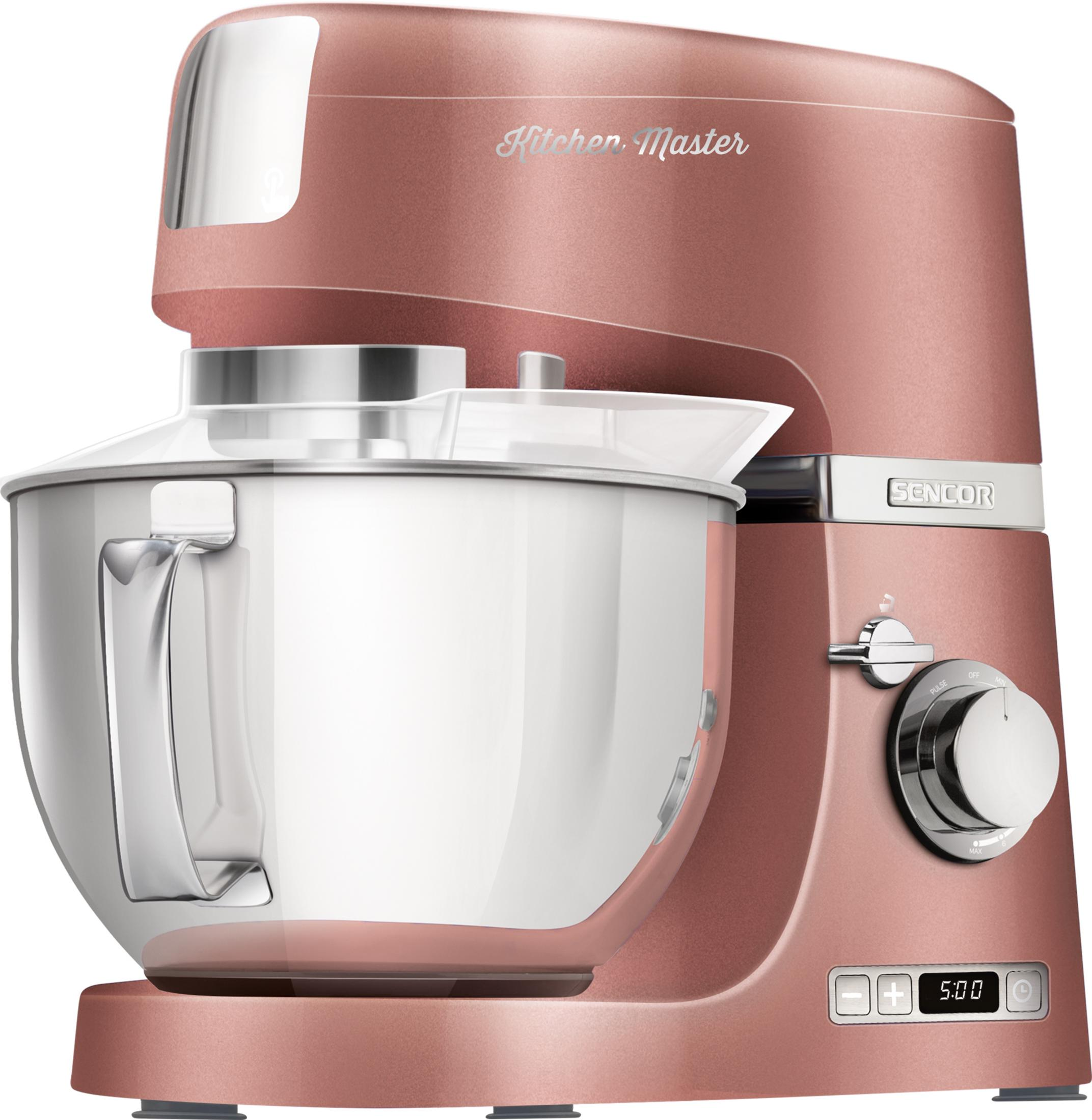 Un robot da cucina color oro rosa con ciotola in acciaio inox e manico argento.