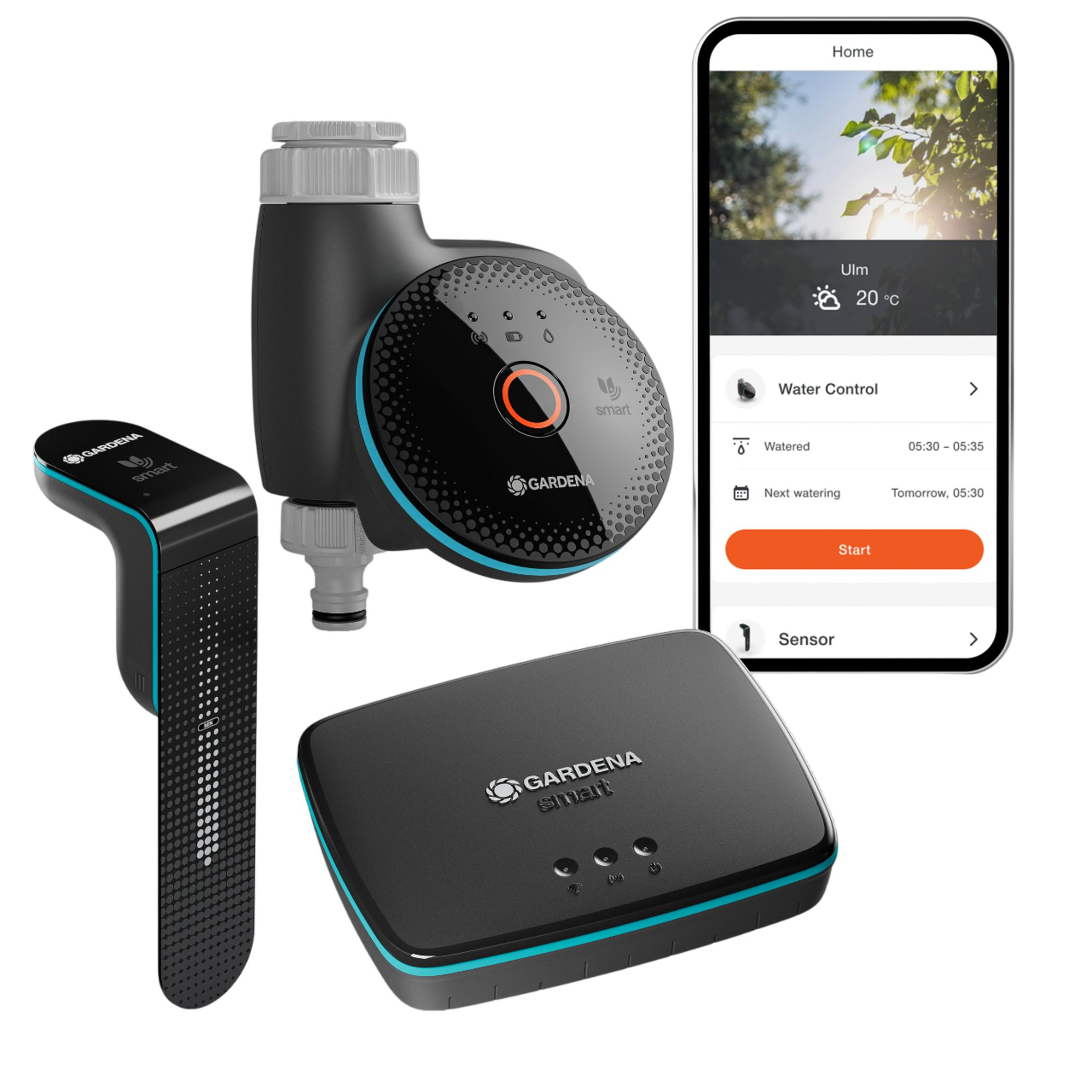 Gardena Smart System: Wasserkontrolle, Sensor und App auf dem Handy.