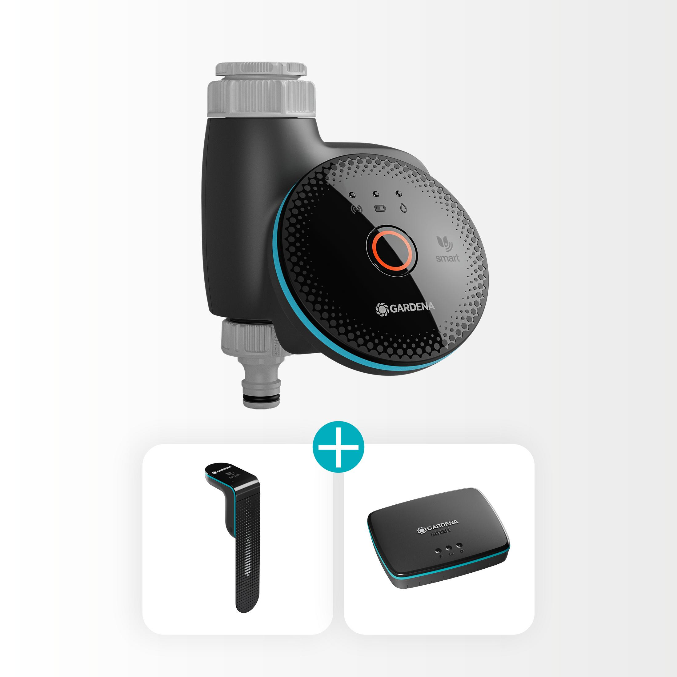 Gardena Smart System: Bewässerungssteuerung, Bodenfeuchtesensor und Gateway.