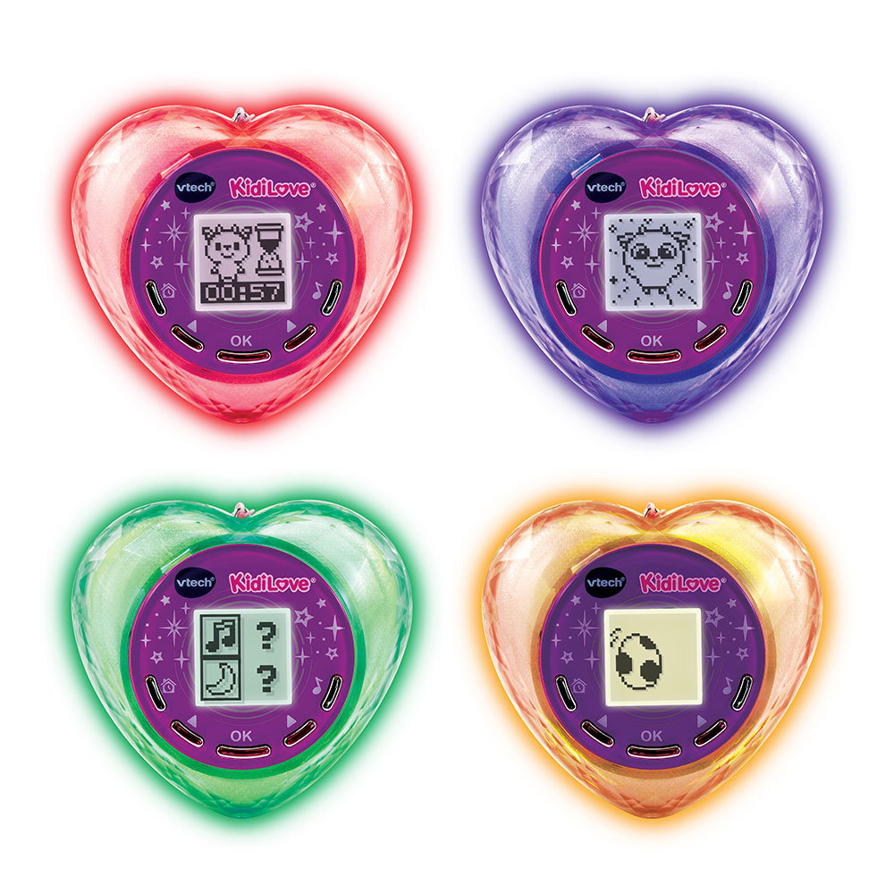 Vier Herzförmige Vtech KidiLove Spielzeuge in Rot, Lila, Grün und Orange.
