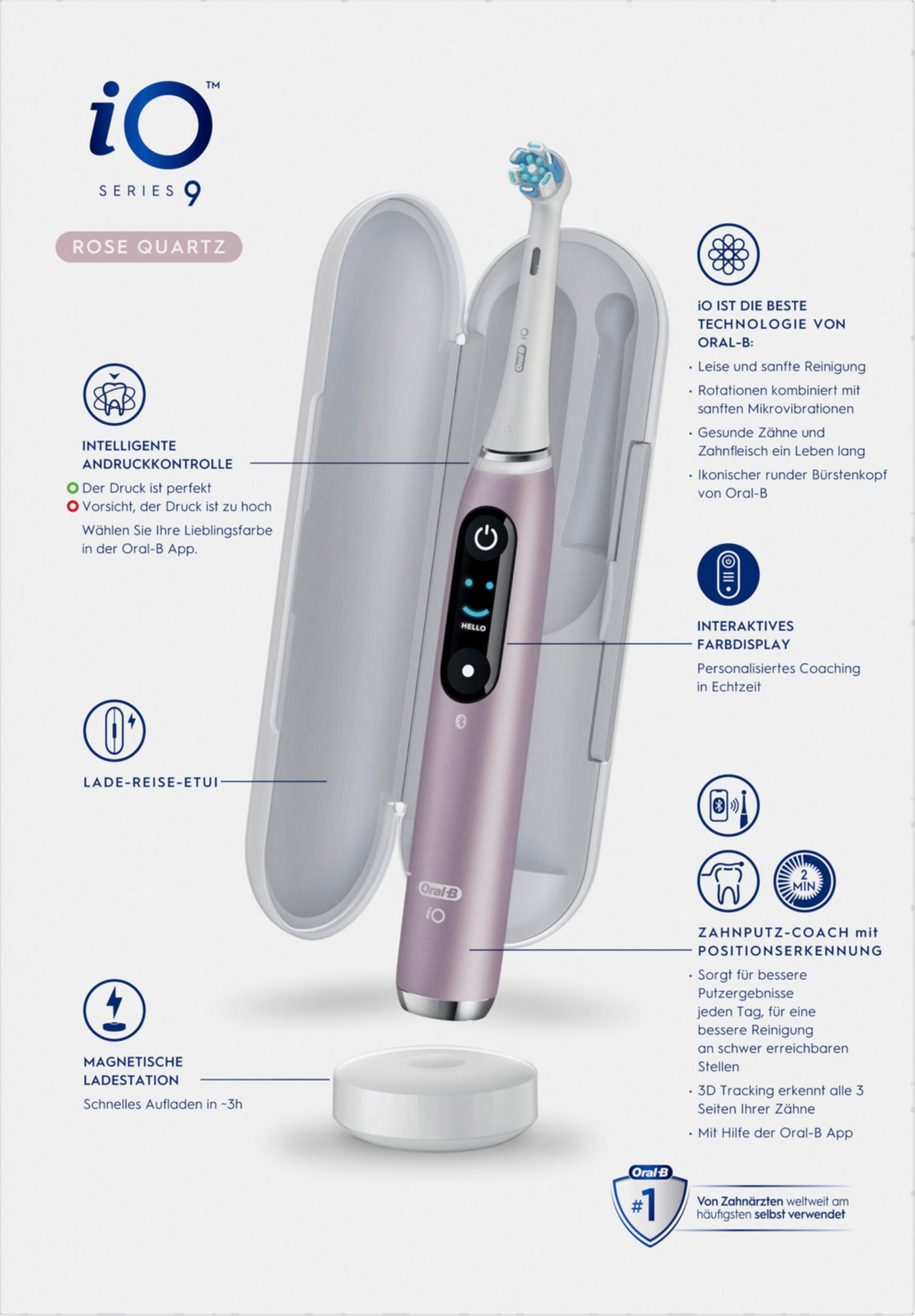 Roséfarbene Oral-B iO Series 9 Zahnbürste mit Ladeetui, magnetischer Ladestation und Display.