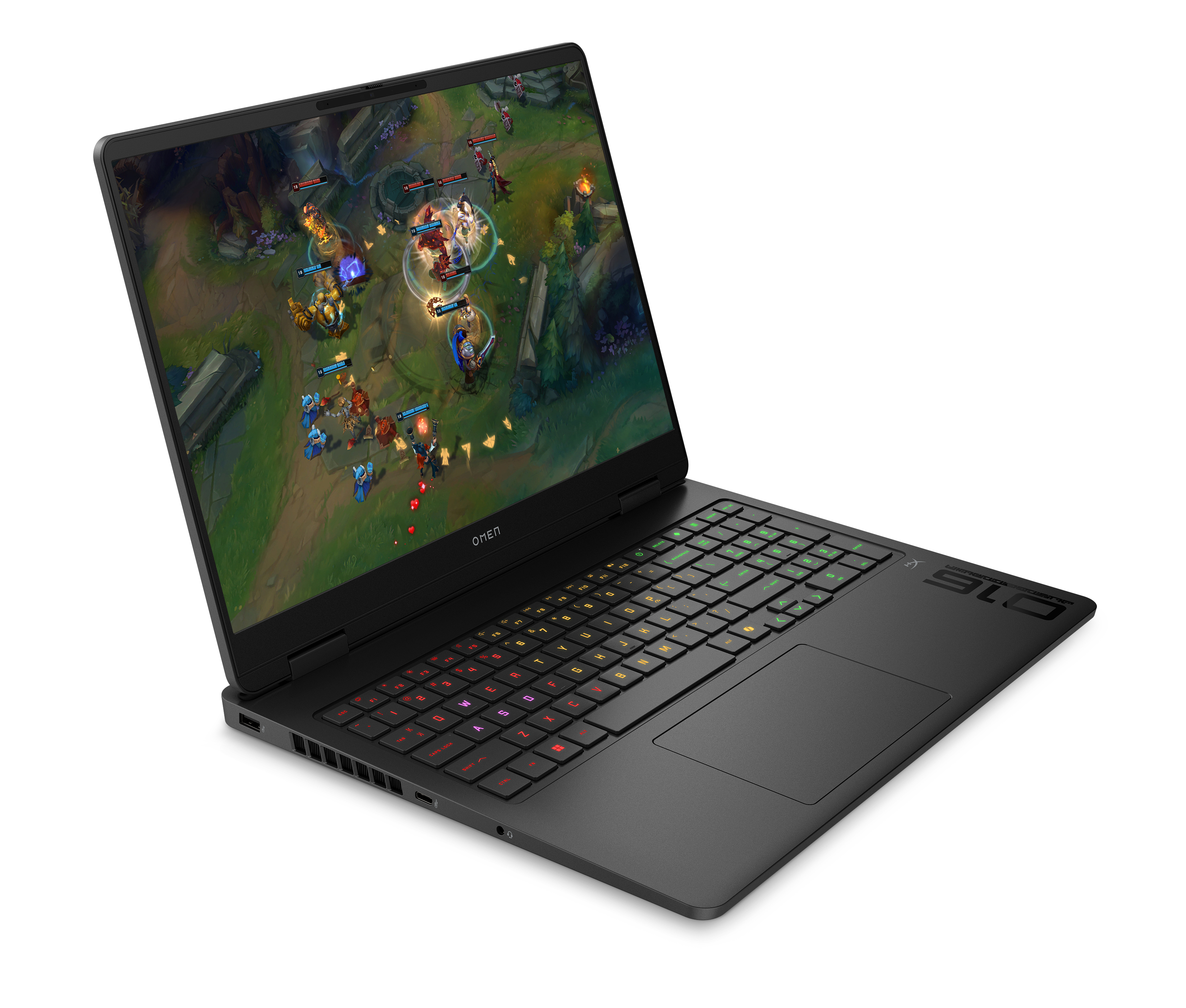 Czarny laptop z podświetlaną klawiaturą wyświetla grę na ekranie.