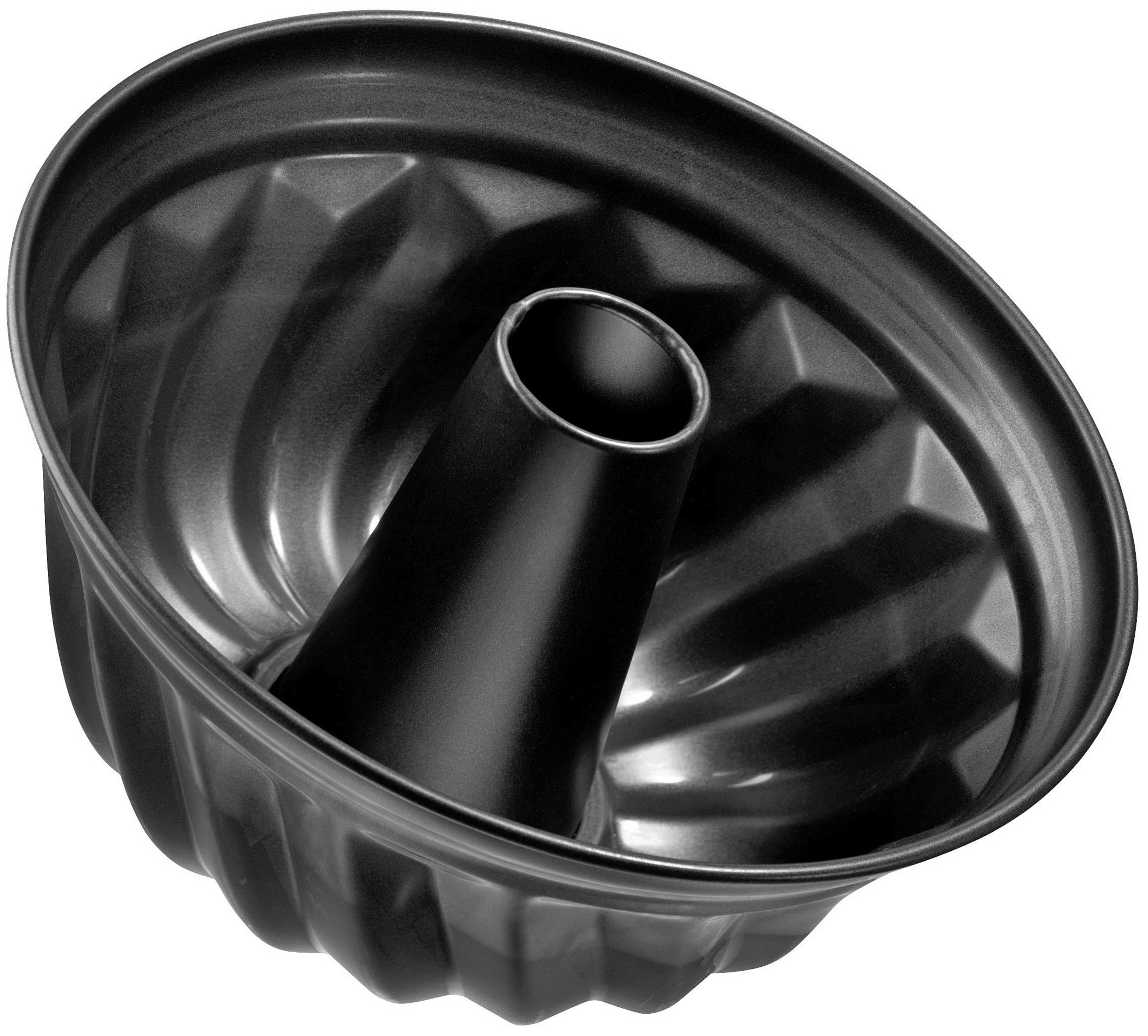 Eine schwarze Gugelhupfform mit geripptem Rand und einem konischen Mittelteil.