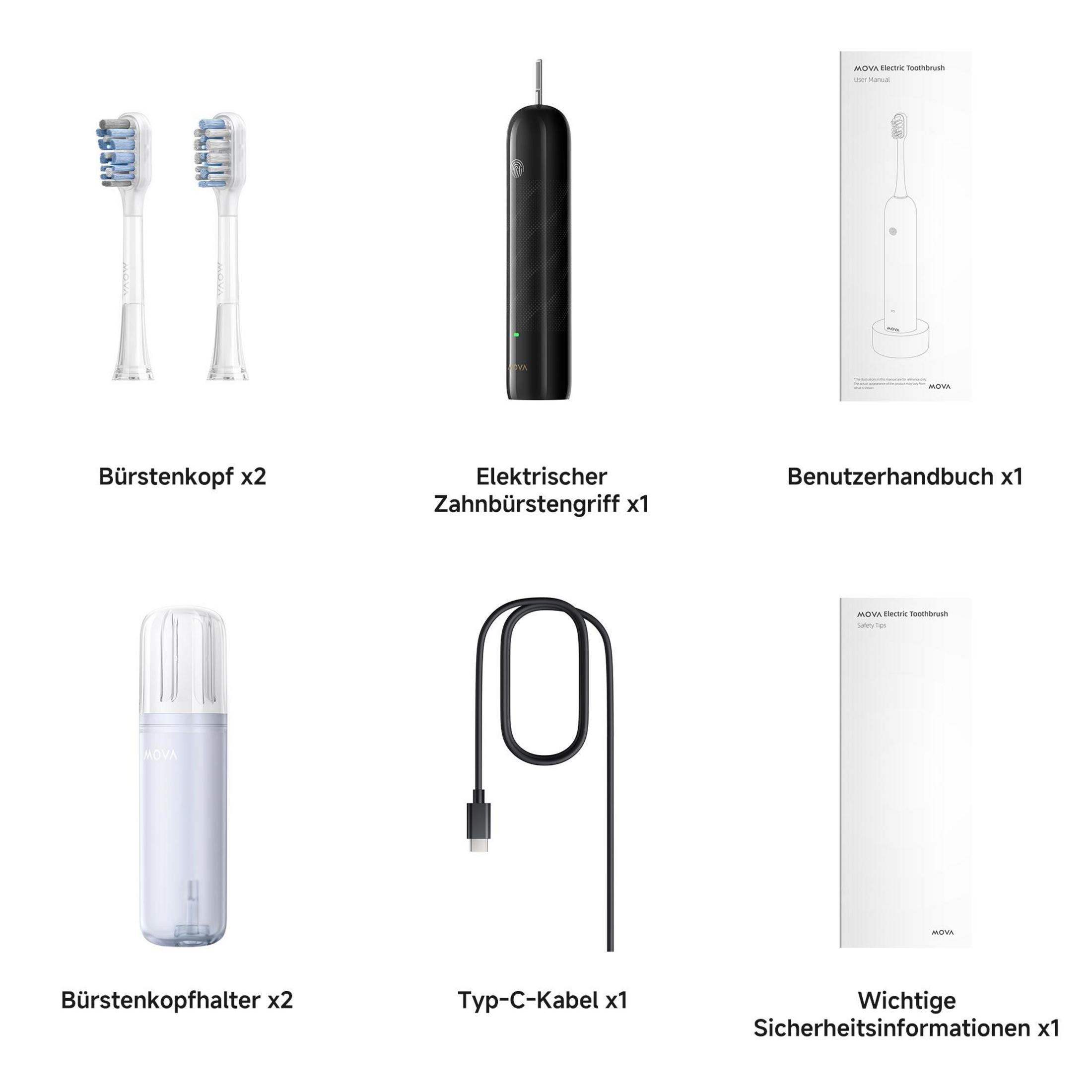 Due testine, un manico nero, un cavo USB-C, un supporto, un manuale e consigli sulla sicurezza.