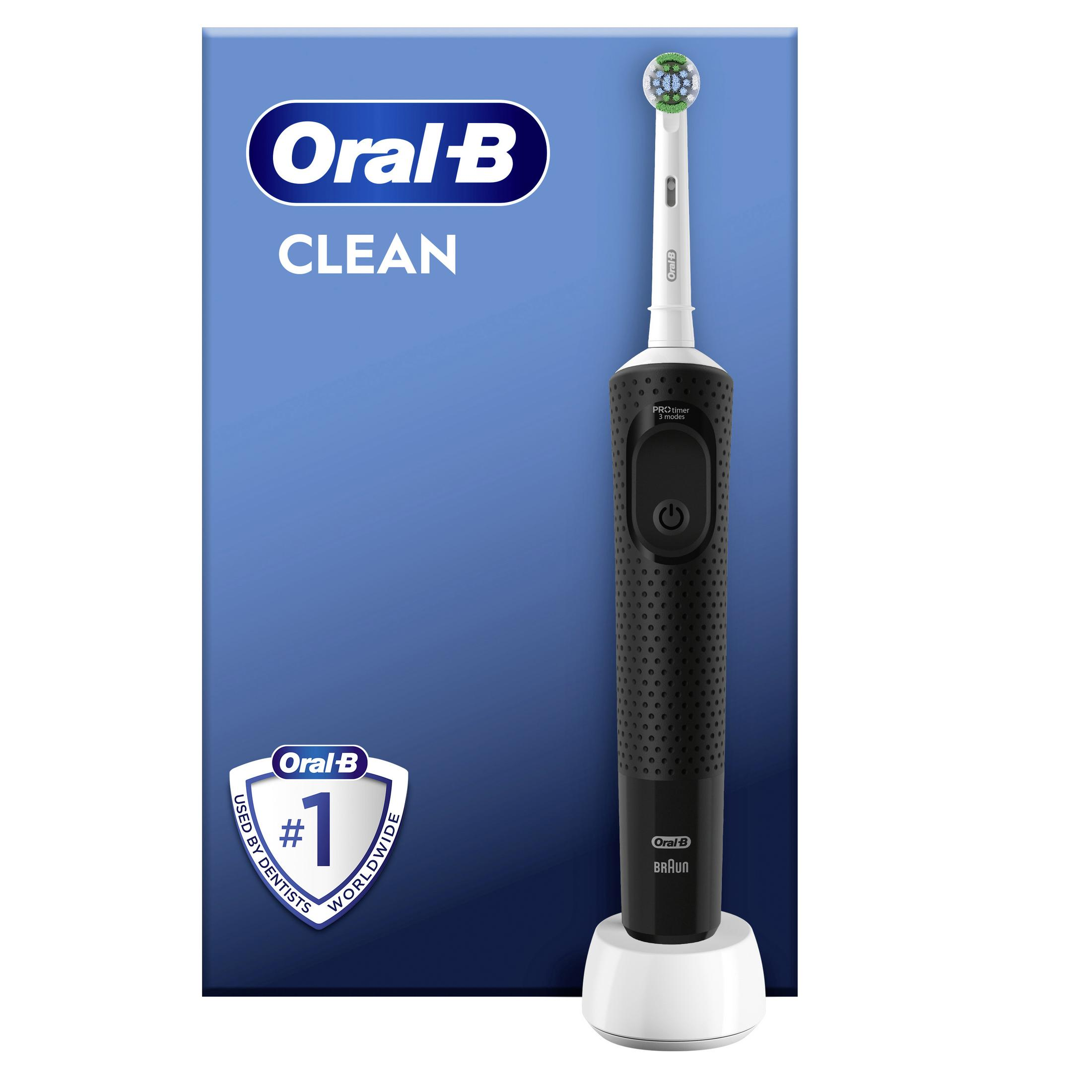 Spazzolino elettrico Oral-B nero su base di ricarica. Sfondo blu con logo.