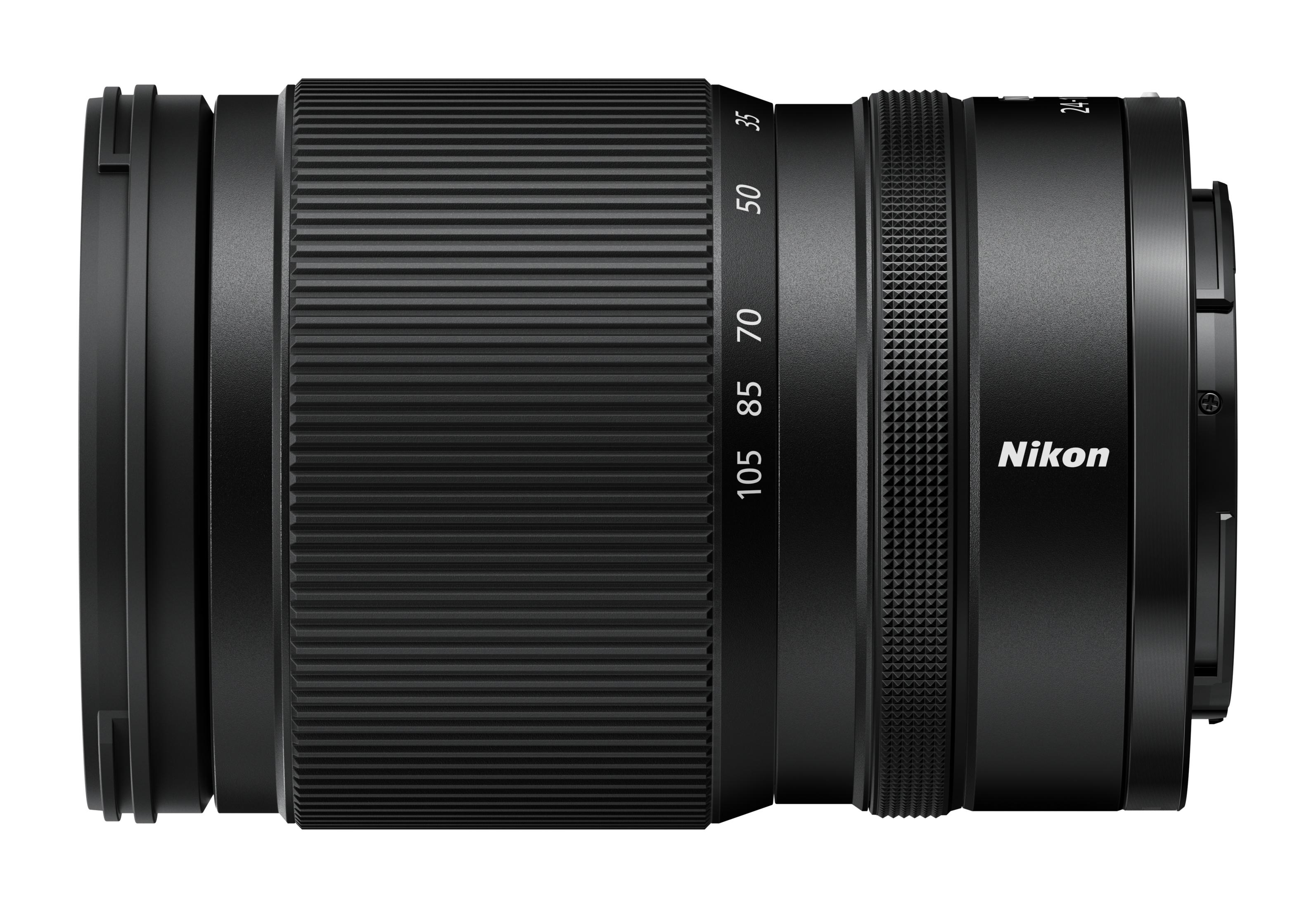 Yakınlaştırma halkalı ve odak uzaklığı işaretli siyah Nikon lens.