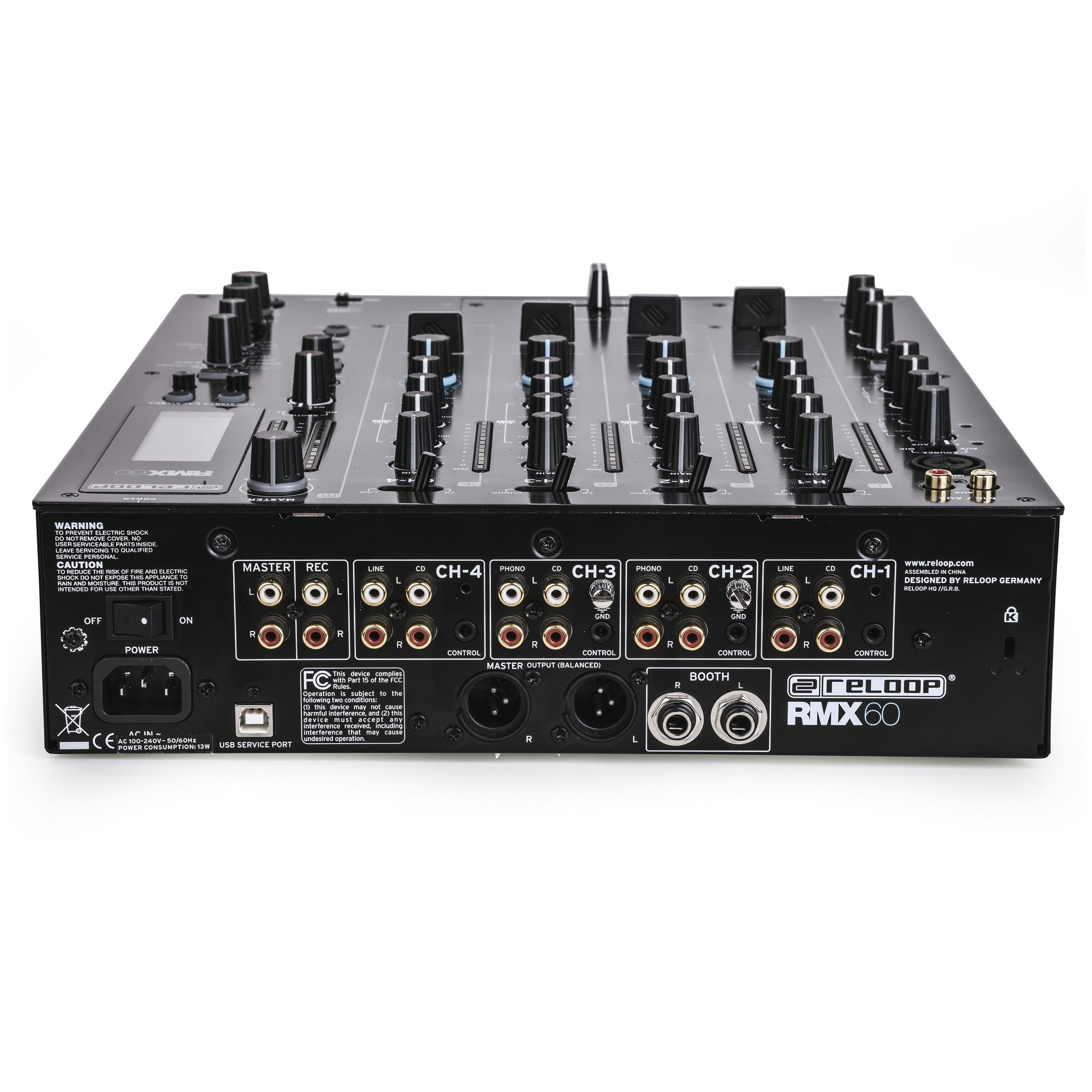Ein schwarzer Reloop RMX60 DJ-Mixer mit vielen Knöpfen und Anschlüssen.