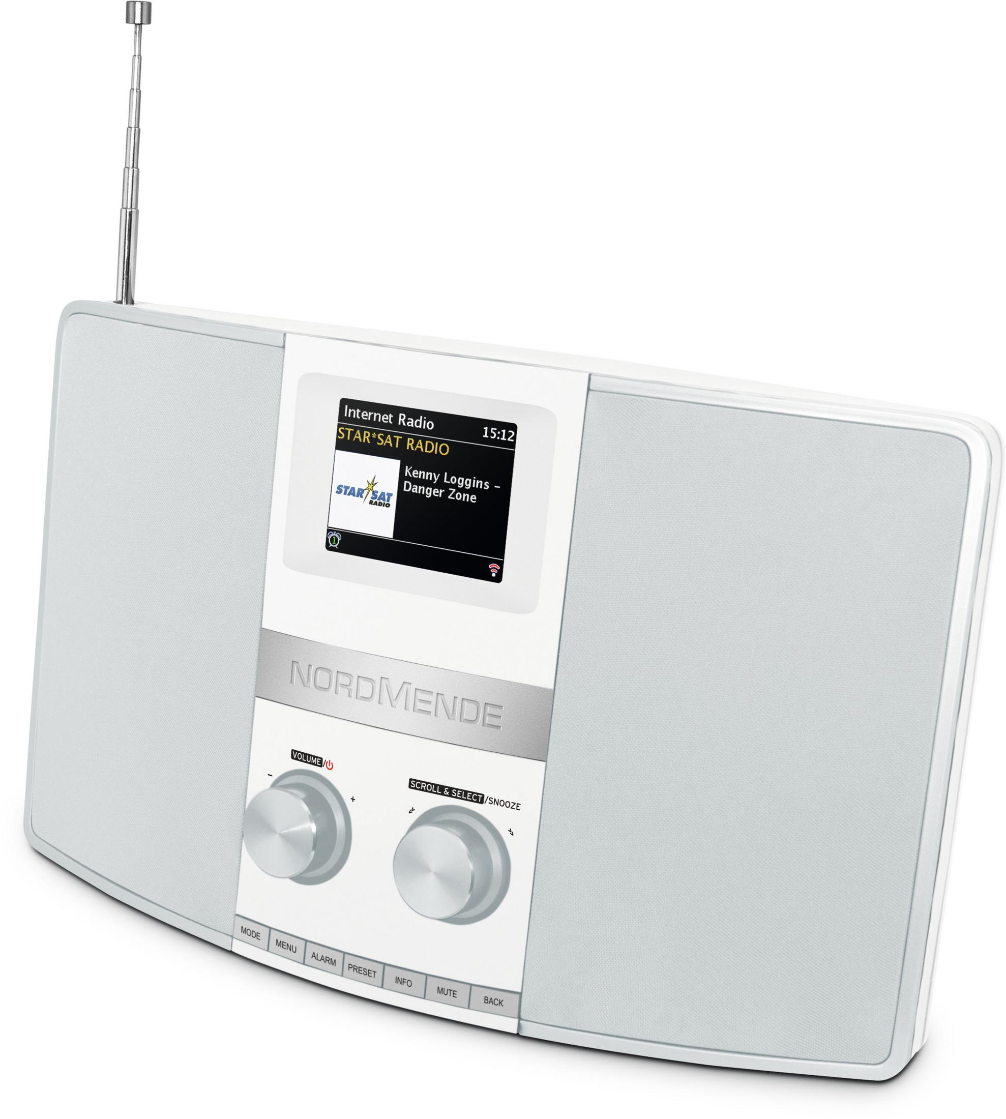 Ein weißes Internetradio mit ausgefahrenem Antennenstab und Display.