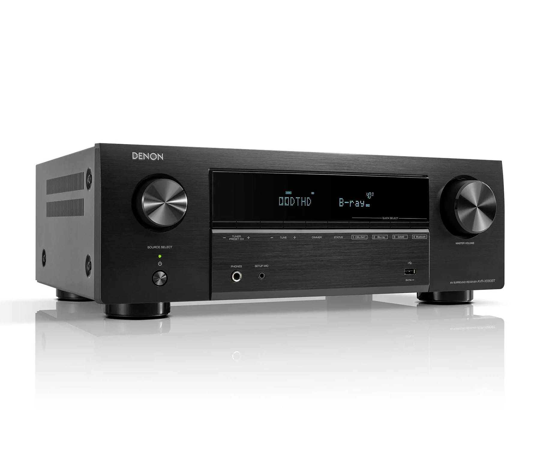 Schwarzer Denon AV-Receiver mit Display, Drehreglern und Tasten auf der Vorderseite.