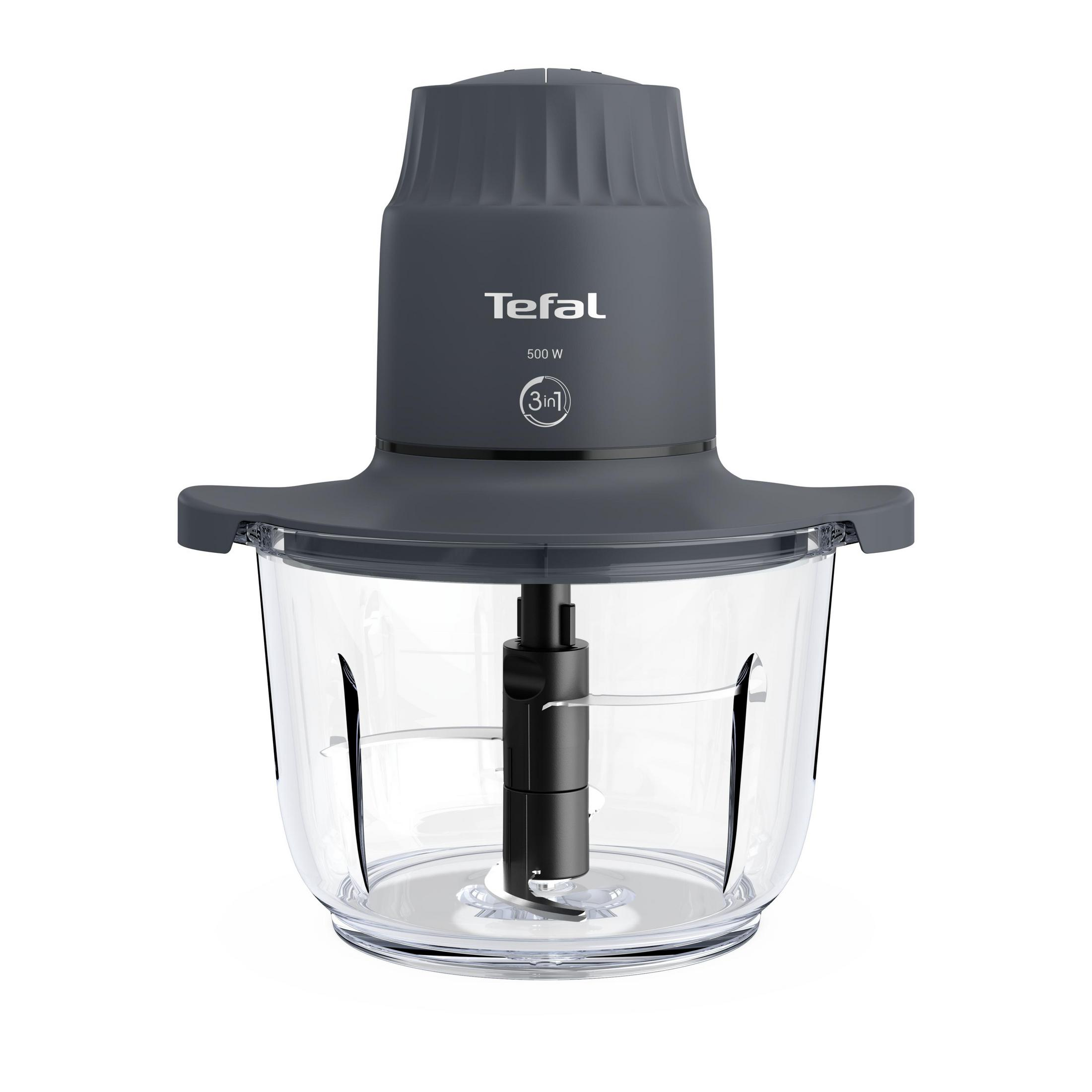 Şeffaf haznesi olan gri Tefal doğrayıcı, 500W güç.