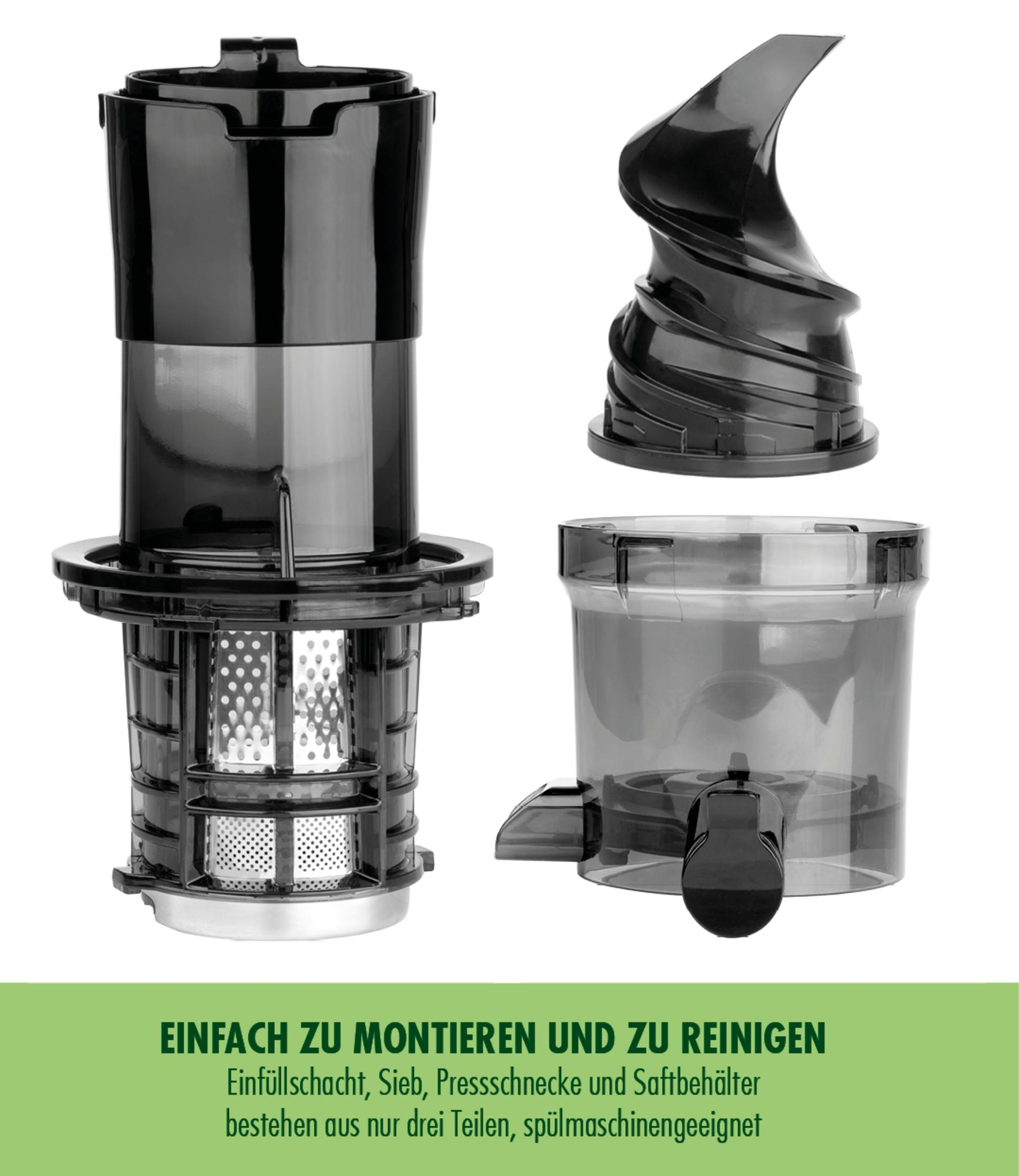 Drei schwarze Teile eines Entsafters: Gehäuse, Schnecke und Auffangbehälter.