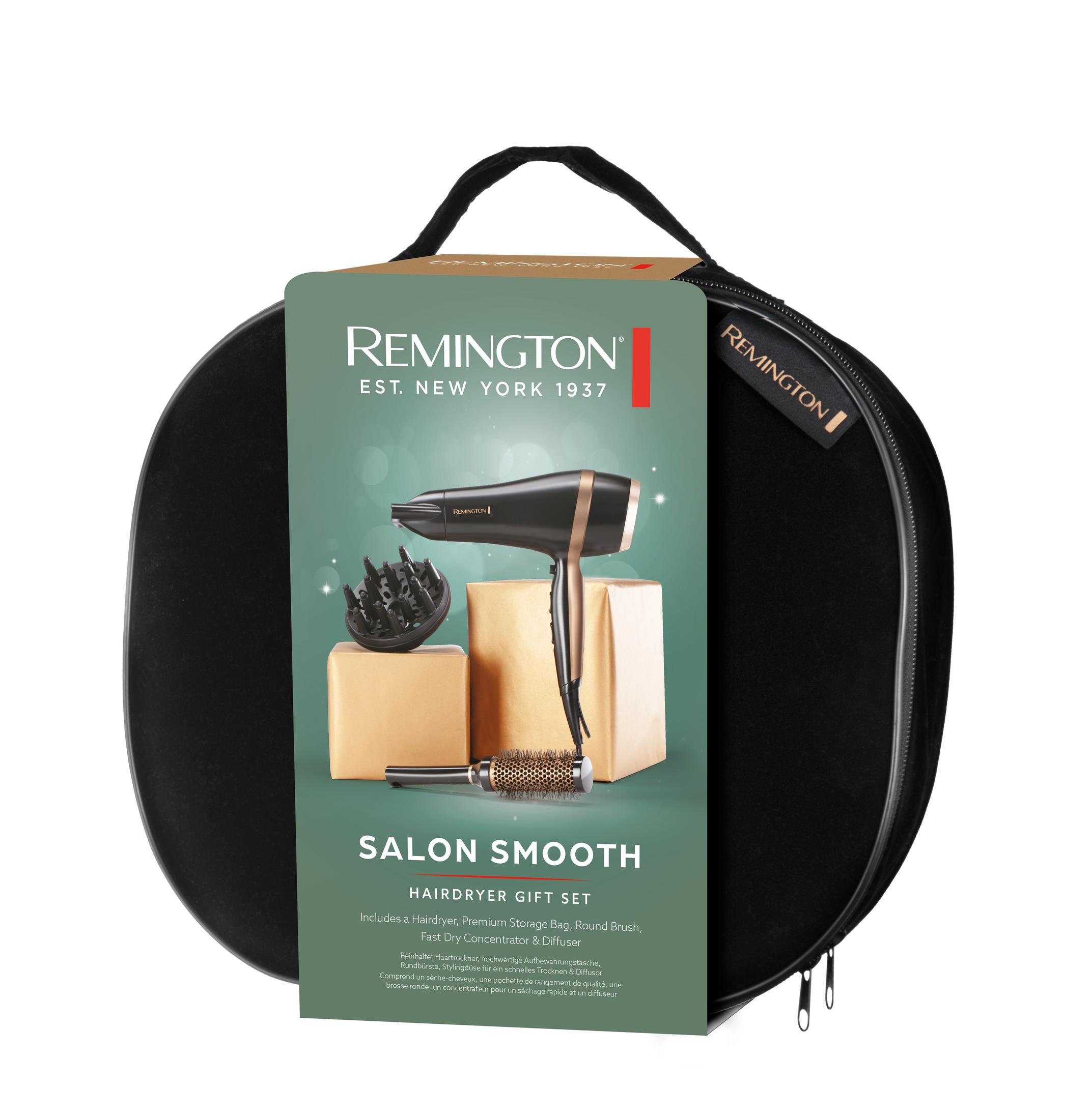 Set regalo asciugacapelli Remington in custodia nera con asciugacapelli, diffusore, spazzola.