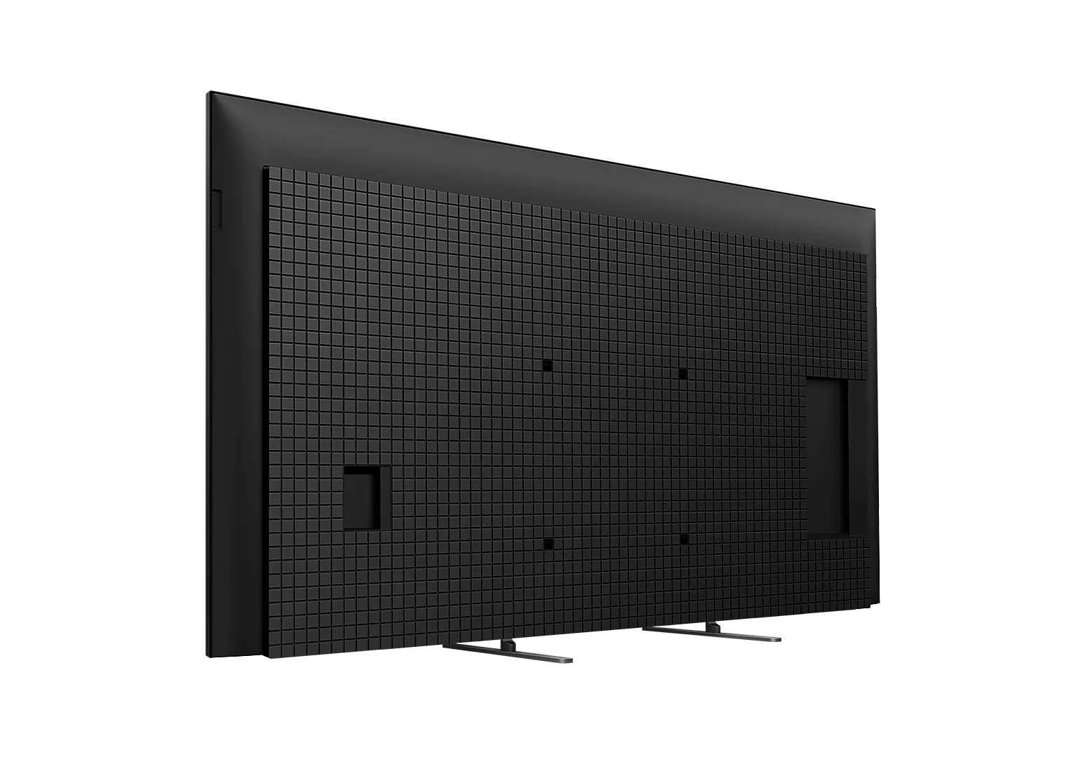 L'arrière d'un téléviseur noir avec motif en grille et pied métallique.