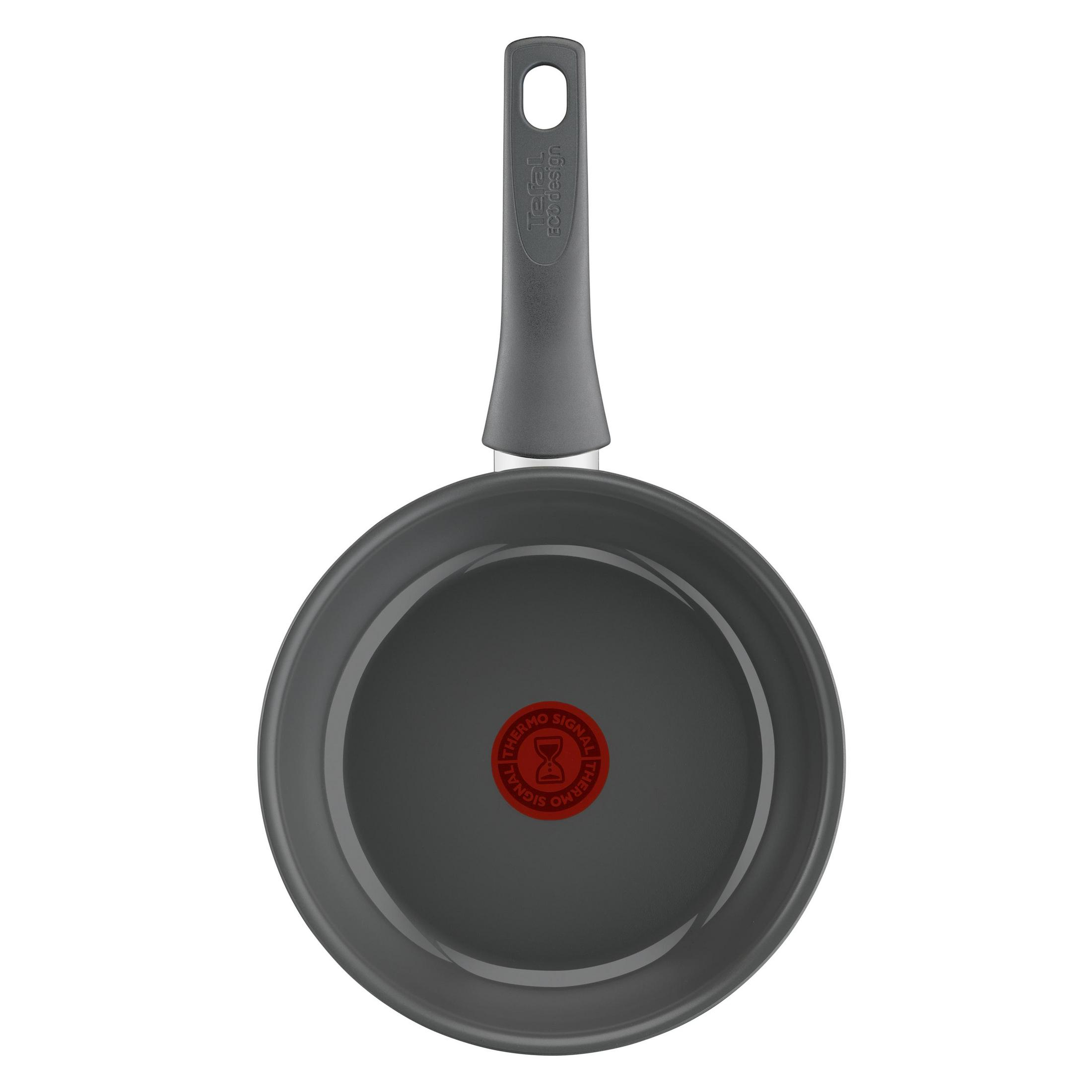 Graue Pfanne mit grauem Griff und rotem Thermo-Signal-Logo.