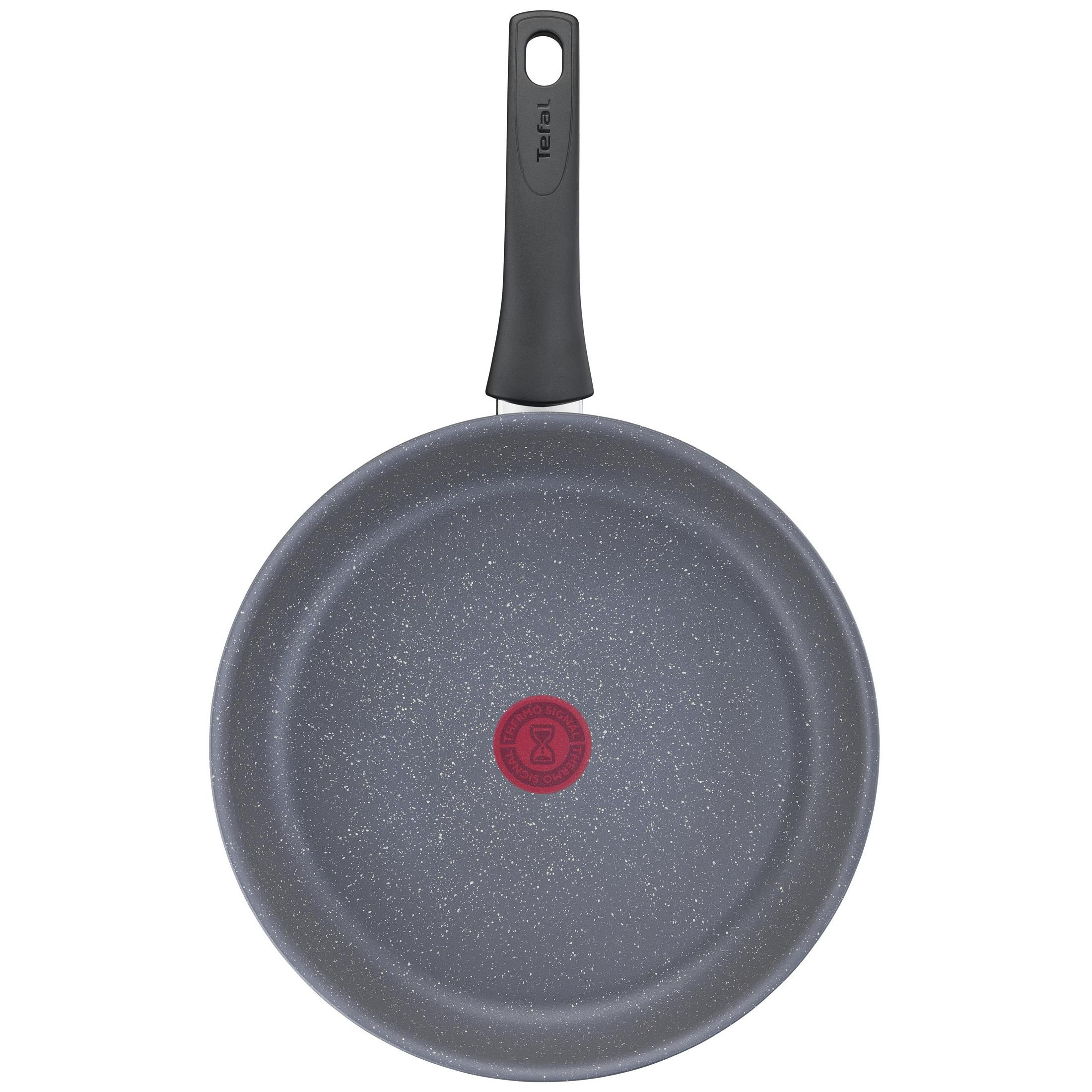 Padella grigia con manico nero e Thermo-Signal. Rotonda e piatta.