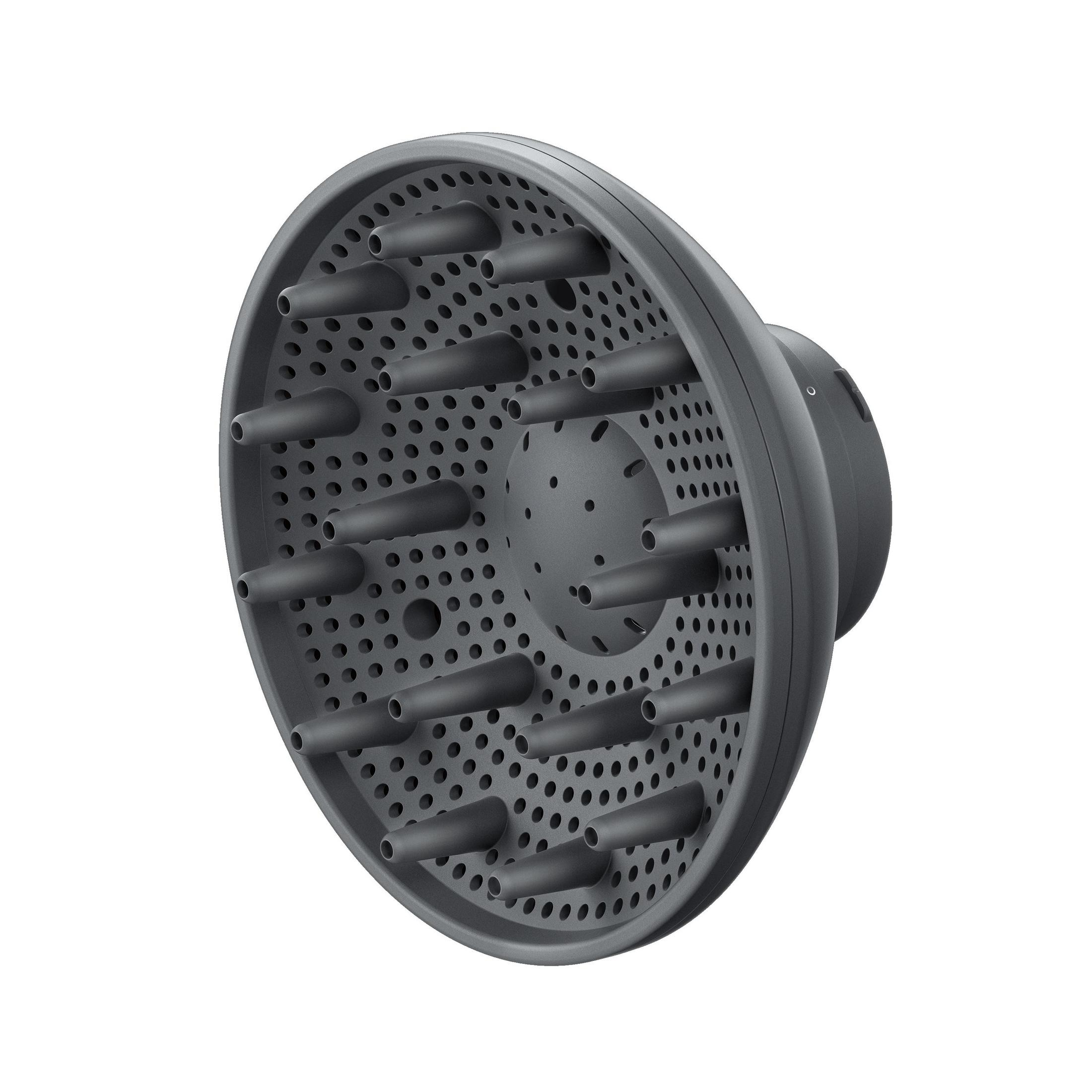 Un accessorio diffusore grigio per asciugacapelli con molti piccoli fori e rebbi.