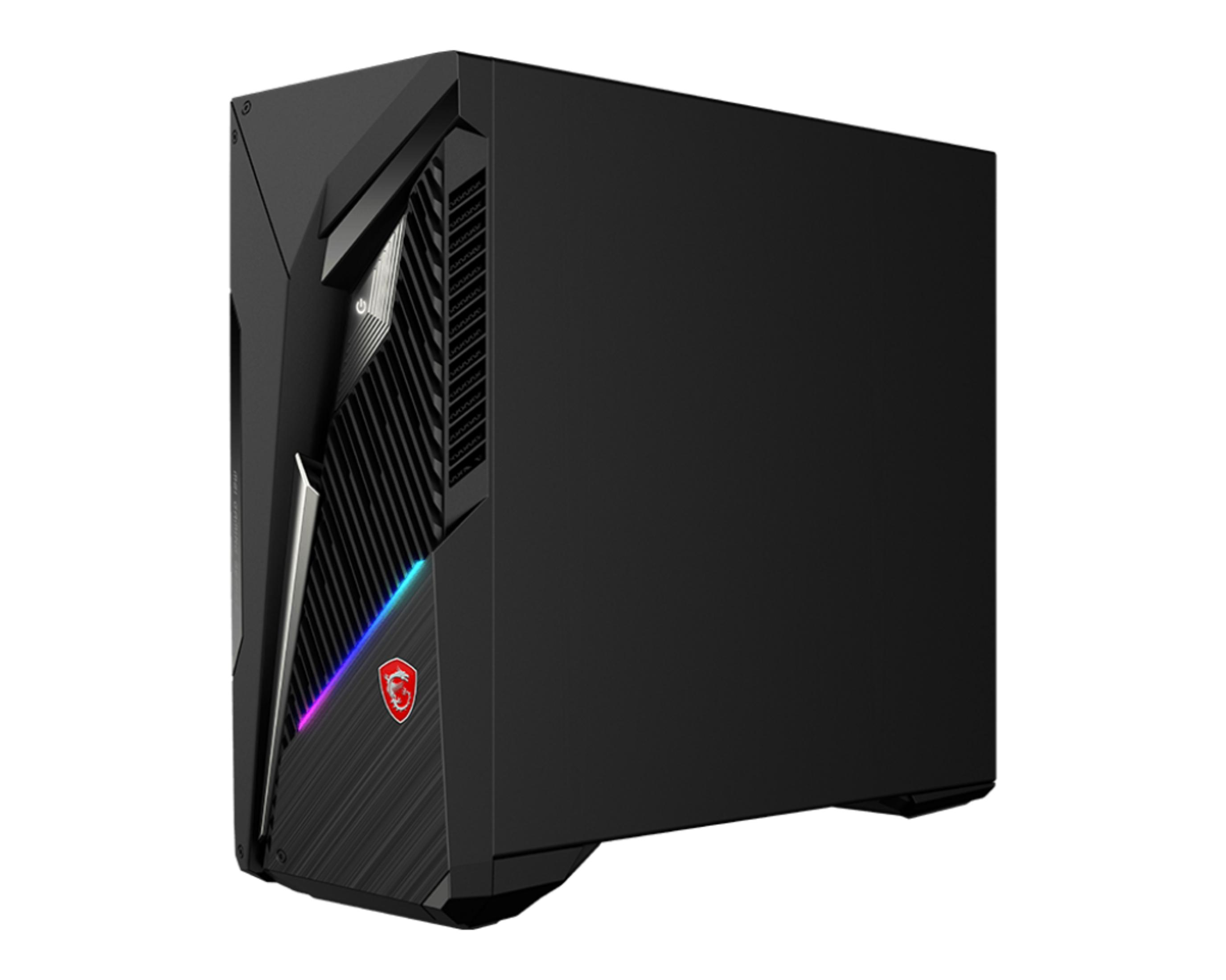 Schwarzer Gaming-PC mit MSI-Logo und RGB-Beleuchtung.