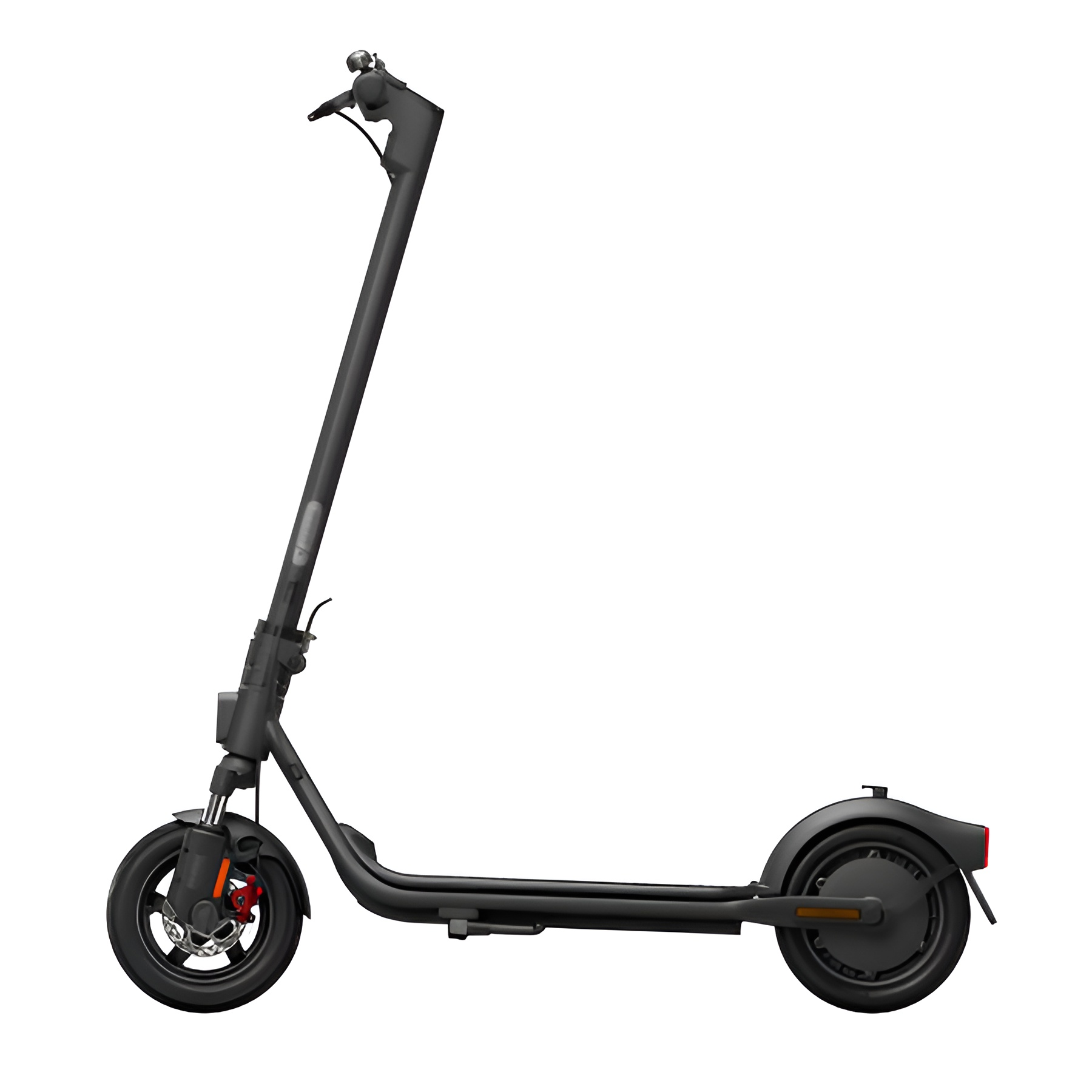 Trottinette électrique noire avec étriers de frein rouges, vue de profil sur fond blanc.