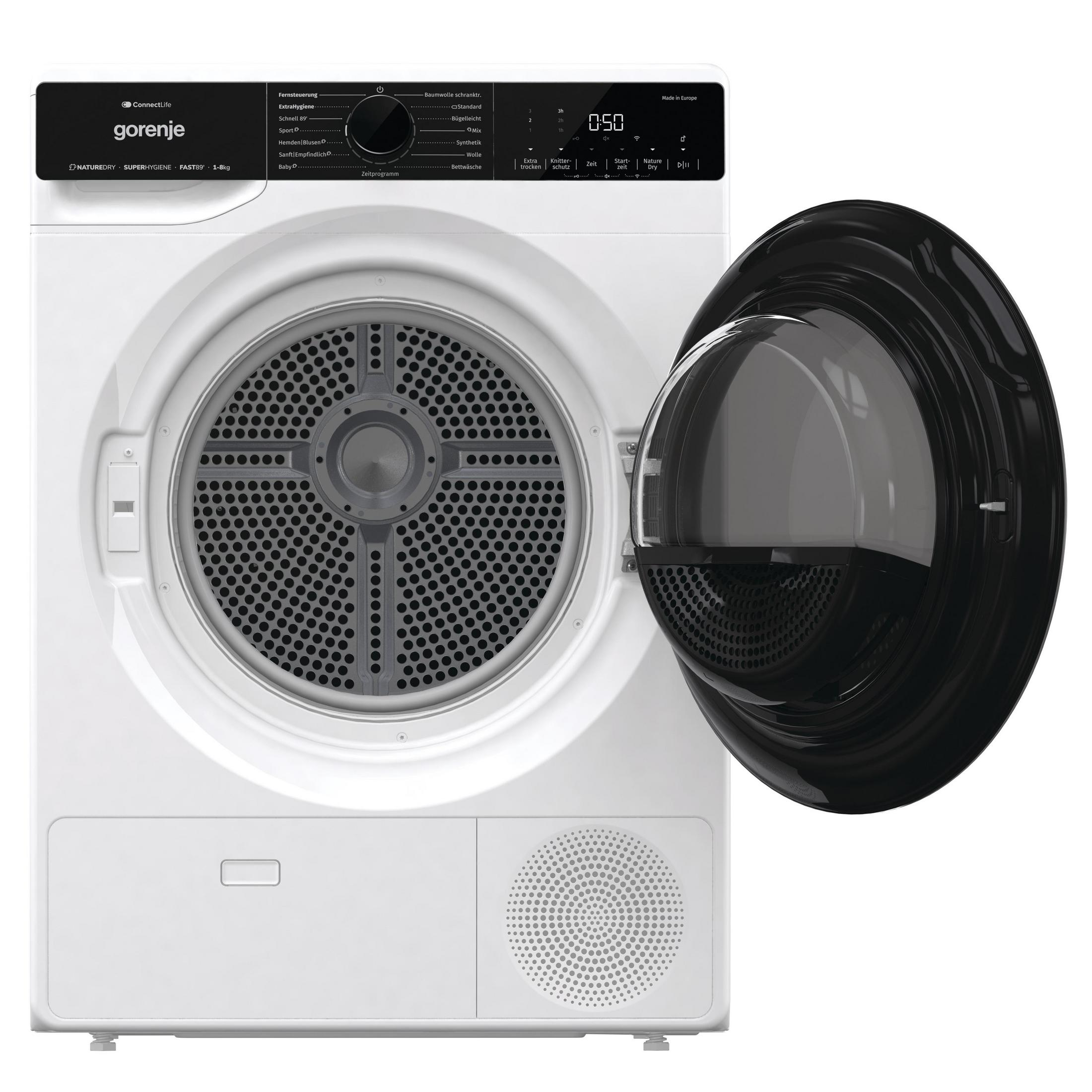 Weiße Gorenje-Wäschetrockner mit geöffneter schwarzer Tür und Bedienfeld.